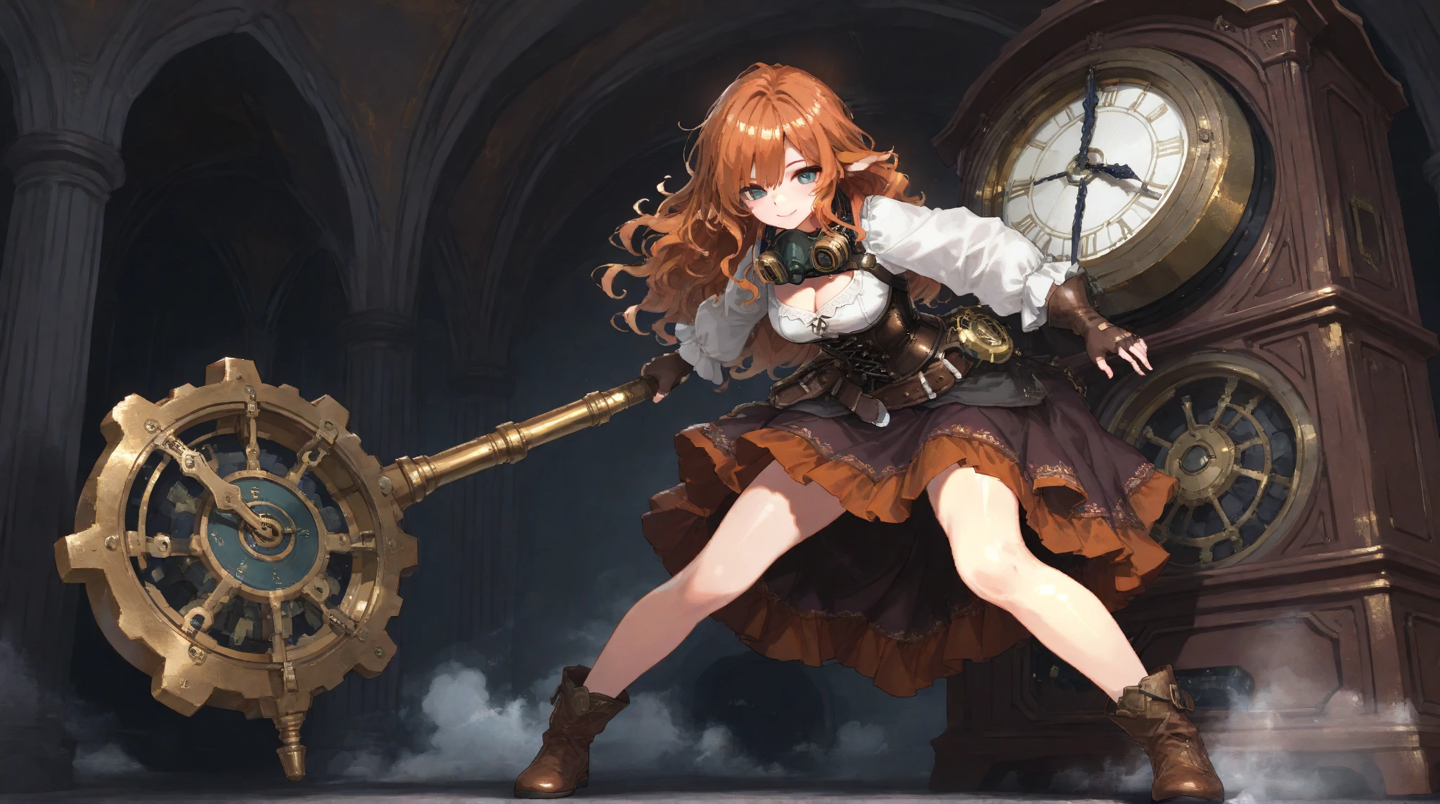 pixel art:1.35, fantasy artwok:1.2, sfw:1.3, (full body, standing, , smile close mouth), 1girl, wavy Hair:1.2, longeyelashes, fluffy long eyebrows:1.2, Thighs:0.8, Cleavage, (steam punk dress:1.2, (Holding, huge Clock weapon:1.3), wearing a leather corset, belt, pouches, goggles, fingerless gloves, and a gas mask around her neck),  BREAK, (Skirt hem, Flared Skirt:1.1, fluttering, shin), BREAK, BREAK, ((masterpiece, best quality, amazing quality, hyper-detailed)), (absurd, very aesthetic:1.2), (hyper-detailed background, lighting), dynamic pose:1.3, dynamic action:1.3, from front, battle, (back ground, gear room:1.2, gear:1.3, gold)