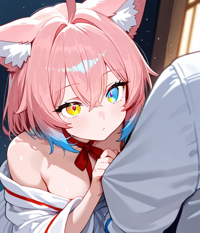 Duo,, score_9,score_8_up,score_7_up, source_cartoon, source_furry, tsukino monster hunter stories, Anthro furry feline girl, light brown fur, green eyes, :3, smile, pink hair, purple hood, whiskers, naked, on all fours, pov, pov sex, missionary position sex, human male is fucking her on a bed, one leg up, side view, ahegao,