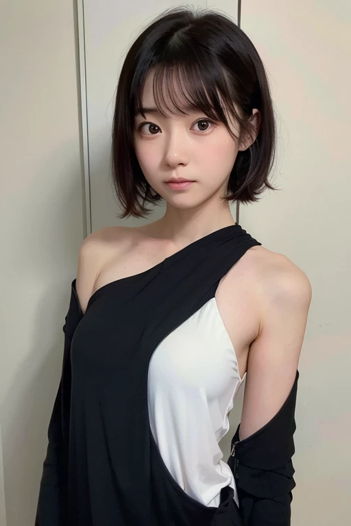 (Realistic:1.3), Rembrandt Lighting, (masterpiece:1.2), (photoRealistic:1.2), (highest quality), (Detailed skin:1.3),One girl with a perfect figure,Very narrow face and eyes, Japanese Girls, 21 years old, Detailed skin 笑顔,Short Hair,Black Hair,Constricted Bob Hair,boyish, Highly detailed face, Fine grain, double eyelid, , Delicate clavicle, Exposing shoulders,Tank top,knit,Breast B Cup,whole body,Grab your chest, (Embarrassing)