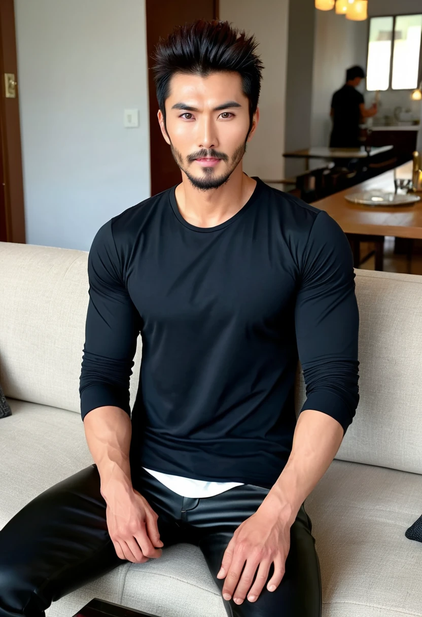 masterpiece, best quality, high resolution, realistic, handsome, photogenic, syahnk, SFW, a photo of a 35 year old frat (man:1.2) portrait, , military press, weights, stunning , short buzzcut hair,stubble head , (hypermuscle),looking at the viewer, flirting with the camera, charming, (tight white shirt ),(GS-Masculine:1), 8K UHD , ยืนในห้องอาหาร, (fullbody:1.5)