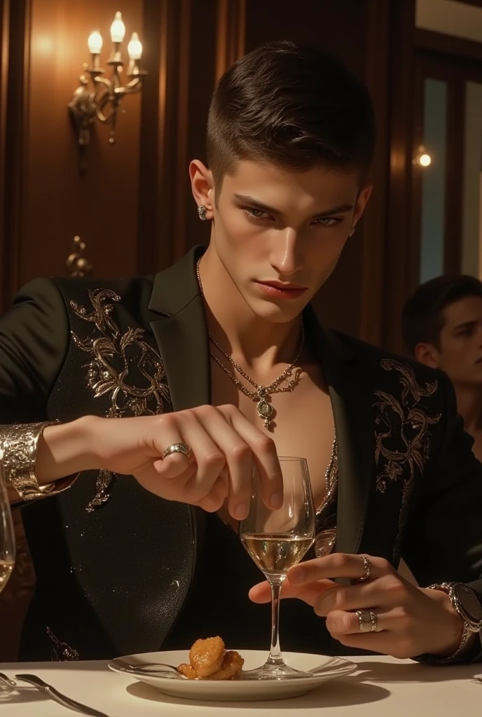skinny man, well-built, with English descent, green eyes, fine nose, long yellow hair tied in a ponytail, with tarot cards in hand, and a glass of champagne, with a diamond in the middle of the eyebrows, with iridescent silk shirt and mannered, approximately 40 - 45 years old