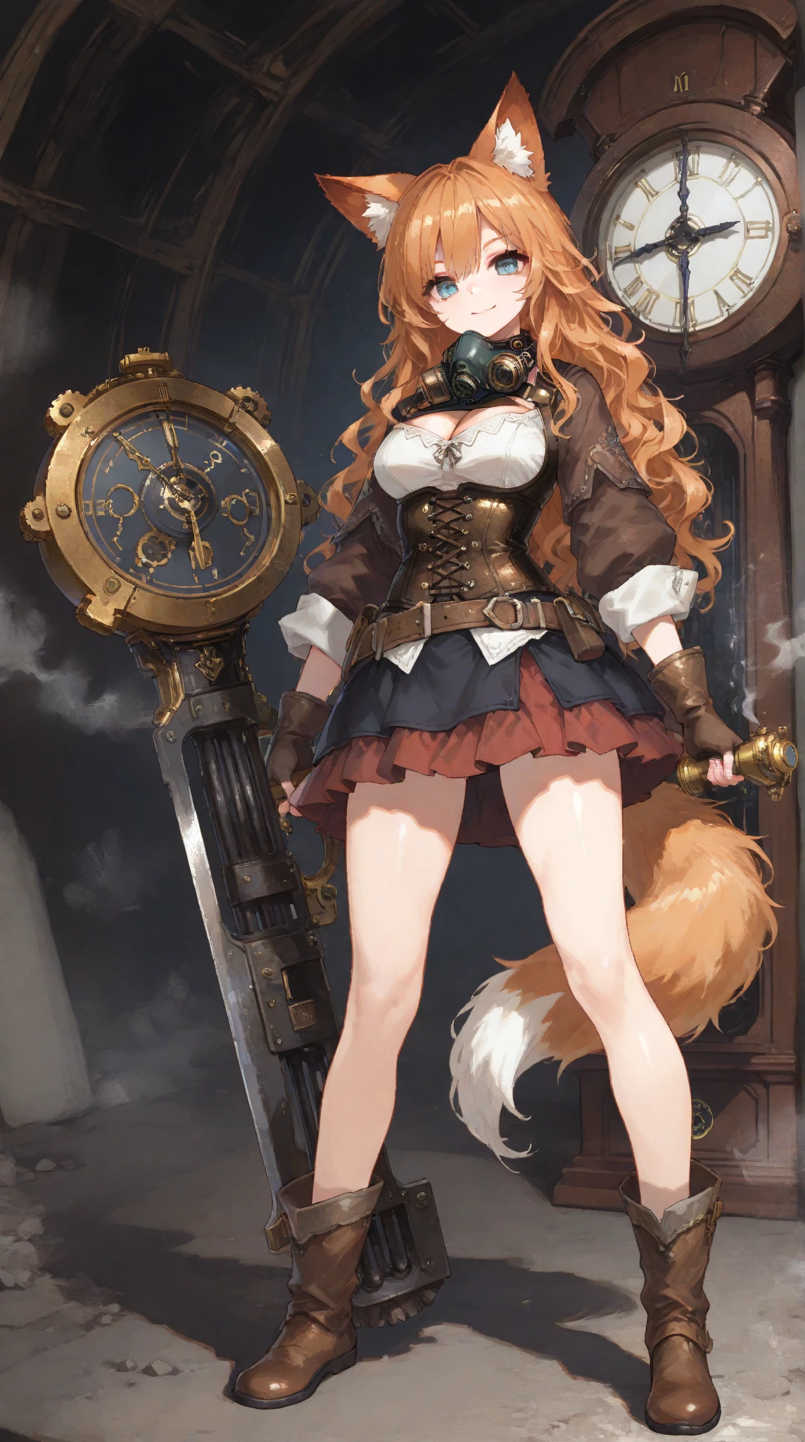 pixel art:1.35, dynamic action:1.3, fantasy artwok:1.2, sfw:1.3, (full body, standing, , smile close mouth), 1girl, wavy Hair:1.2, longeyelashes, fluffy long eyebrows:1.2, Thighs:0.8, Cleavage, (steam punk dress:1.2, (Holding, huge Clock weapon:1.3), wearing a leather corset, belt, pouches, goggles, fingerless gloves, and a gas mask around her neck),  BREAK, (Skirt hem, Flared Skirt:1.1, fluttering, shin), BREAK, BREAK, ((masterpiece, best quality, amazing quality, hyper-detailed)), (absurd, very aesthetic:1.2), (hyper-detailed background, lighting), dynamic pose:1.3, from front, battle, (back ground, gear room:1.2, gear:1.3, gold)