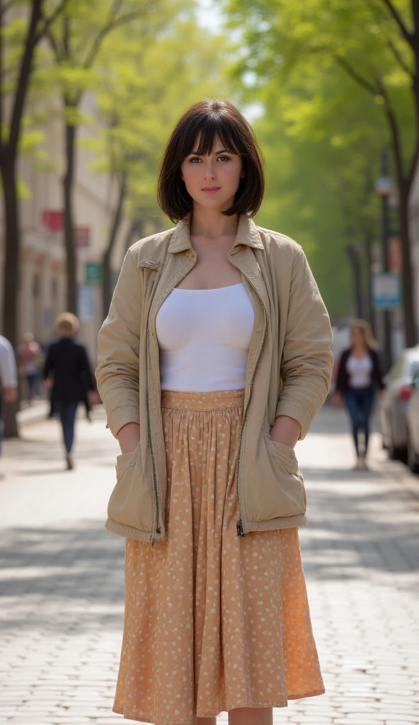 half body photo, Caucasian woman at train station, makeup, Kodak Ultra Max, 85mm, withe shirt, brown skirt, high quality, photorealistic, raw, 4k, hdr, high contrast, insanely detailed, highest quality, pore skin, ultra detailed skin, highres, intricate details, RAW photo, 8k uhd, dslr, hdr, film grain, rim lighting, two tone lighting, low key <lora:epiNoiseoffset_v2:0.6>