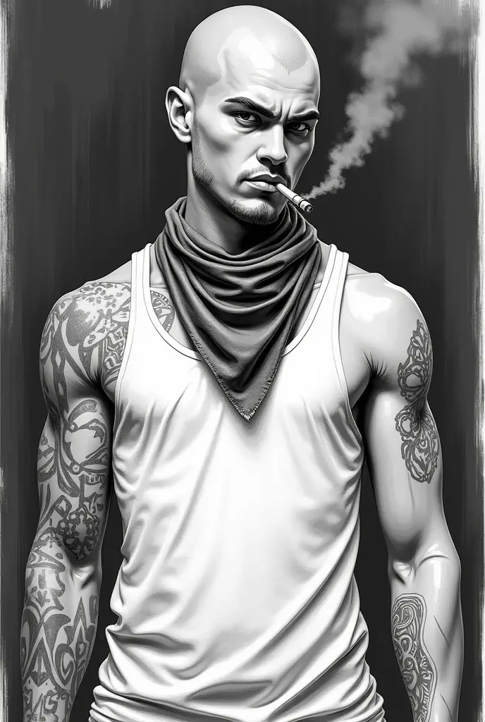 Shows a photo of a 35 year old Indonesian man with a rough appearance, wearing a baseball cap and worn white singlet and ripped jeans. His facial expression showed fatigue, as he took a deep drag from his cigarette. He has an intricate tattoo on his arm. His painting style is realistic with emphasis on the texture and shading of skin and clothing, shows traditional painting techniques. The background is a large black Graffiti style text 'KAYLA' on a white wall.