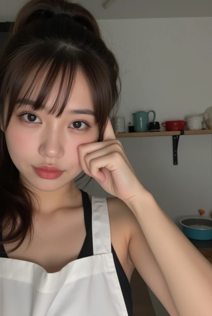 smiling woman in a kitchen with a pot and pan in the background, 30 years old woman, joy ang, 40 years old women, selfie photo, leaked photo, lovely smile, huge natural breast, no dress, red lace bra, cleavage, red lipstick, chubby, realistic