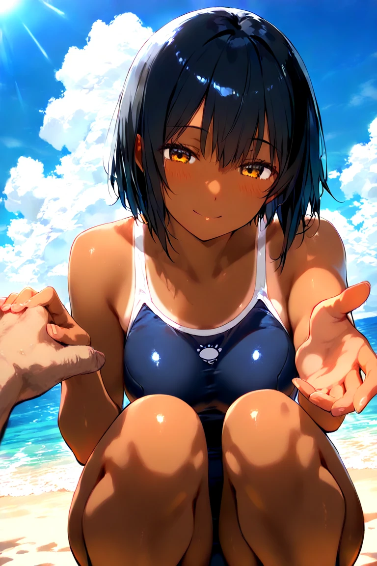 An anime oc Hair: a little short black eyes: yellow and fallen Pose: greeting, serious and with hair moving Clothes: Bikini Bottom: Beach Features: cute and adorable woman, anime