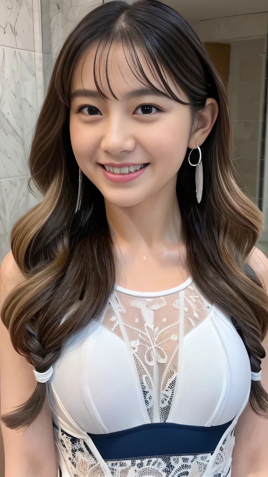 masterpiece, best quality, photorealistic, Super Details, fine-grained, high resolution, 8k Wallpaper, 1 beautiful woman,, disheveled hair, , sharp concentration, perfect dynamic composition, , 、、beautifully illustrated in every detail, detailed hair , exquisite realistic skin texture, smile, , 、((very long hair:1.2))、(( loose wavy hair :1.2)),((はにかんだsmile:1.3)),((beautiful girl:1.2)), ((( high legs、braids、 , show me her full body ))),((Big Breasts、 、 very wet swimsuit 、bathroom :1.3)),(( flashy、geometric lace one-piece swimsuit:1.3))