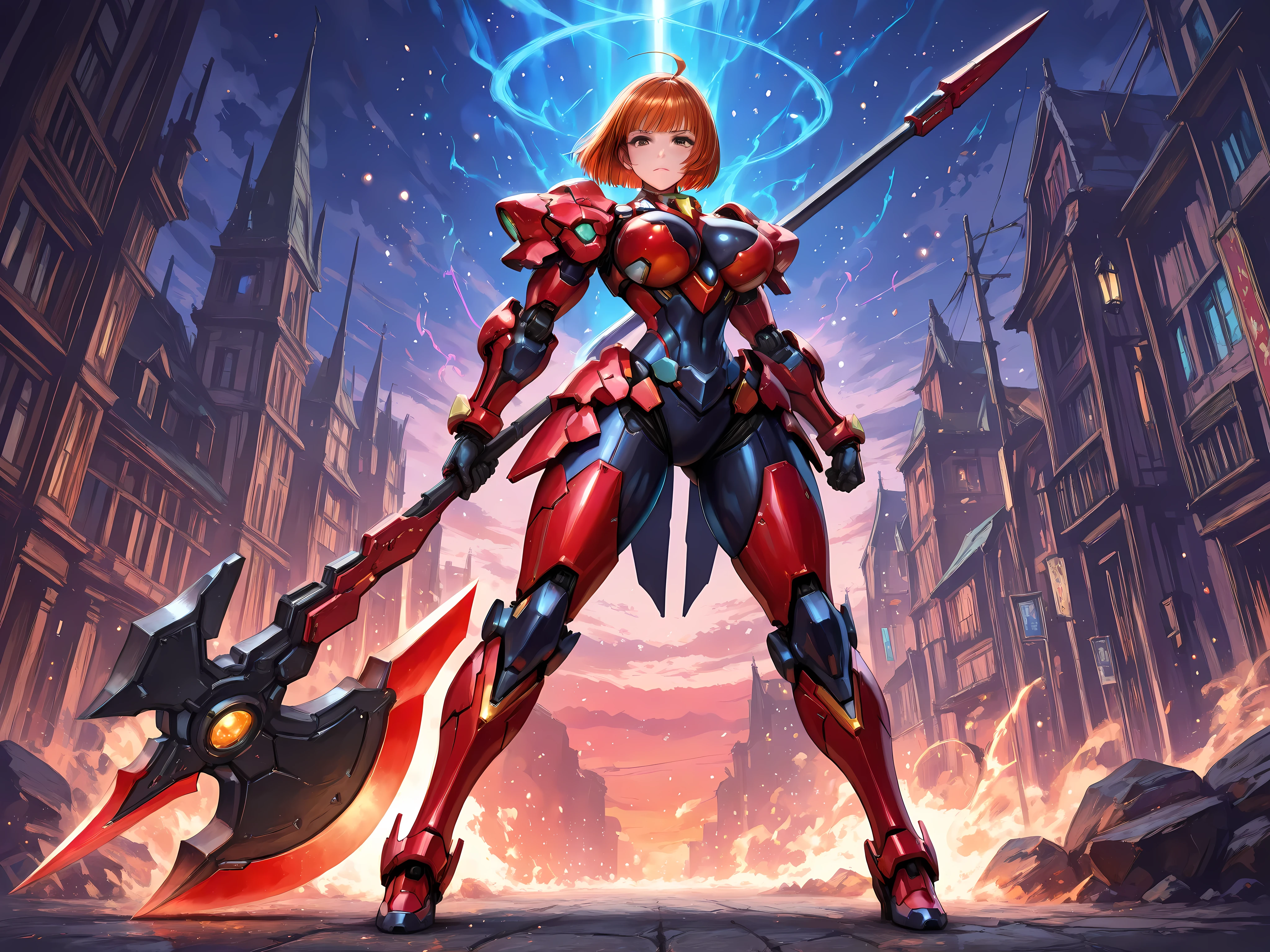 1 girl, 20yo, serious expression, dark orange hair, shiny hair, bob cut, ahoge, wispy bangs, straight hair, sleek and smooth, perfect artwork, picture-perfect face, beautiful face, charming, seductive, alluring, enchanting, stylish, brown eyes, tareme, large breasts, narrow, wearing hkmecha armor, (hkmecha armor is brack with red accent), Holding a weapon, glowing huge battle axe \(Weapon\), Holding a glowing huge battle axe  \(Weapon\), powerful stance, energy particles, dramatic lighting, dynamic fantasy sci-fi fusion, from front full body, looking at viewer, masterpiece, best quality, ultra realistic 8k cg, epic, high resolution, 
