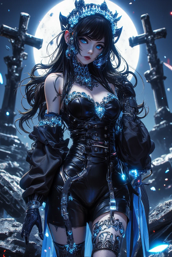 woman, dark mage, blue hair, anime, whole body, gravitational spell, dark castle in the background