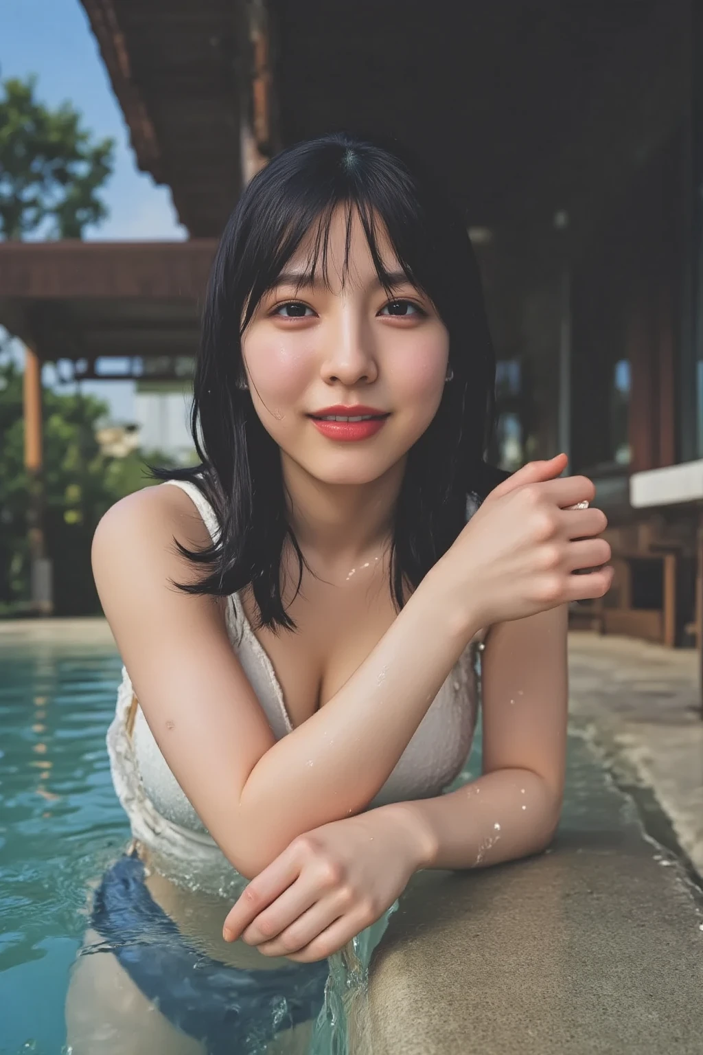 Very detailed CG Unity 8K 壁紙、highest quality、Very detailed、masterpiece、Realistic、Very realistic、Cute girl with attention to detail、(20-year-old)、blush、Round eyes、Big ample breasts:1.4、audience、Semi Body Shot、Swimwear、School Swimwear、By the pool、