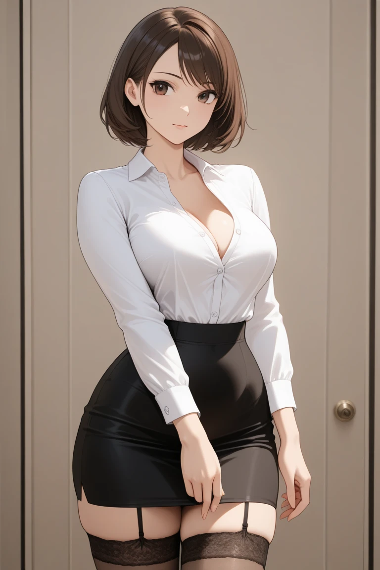 1girl, cowboy shot, beautiful NobaraJK, white shirt, unbuttoned, black skirt, office, volumetric lighting, best quality, masterpiece, intricate details, tonemapping, sharp focus, hyper detailed, trending on Artstation,
