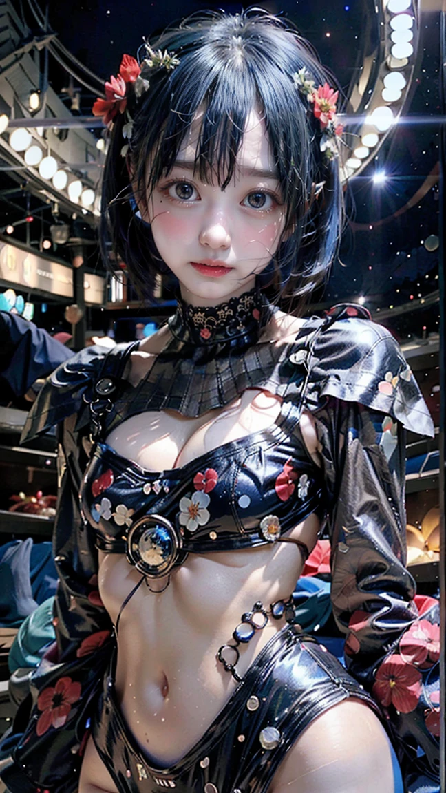 (Seios grandes Hatsune Miku，electronic singer，cabelo verde，Ombros nus，uma saia preta，mangas pretas，(Blusa de cor branca)，Roupas brancas，8k，A high resolution，olhos verdes，fundo do concerto，No local do concerto，em concerto，Only beautiful thighs are exposed，the clothes are white，appear on the arm appear un 01，The number is 01，fundo brilhantes ，Leaves&#39;, cabelo de alta qualidade 8k ，The eyes of the anime heroine，Olhos de detalhes ultraelevados，olhos de alta qualidade , Olhos de alto detalhe , in bra full body standing looking at public spectator. 