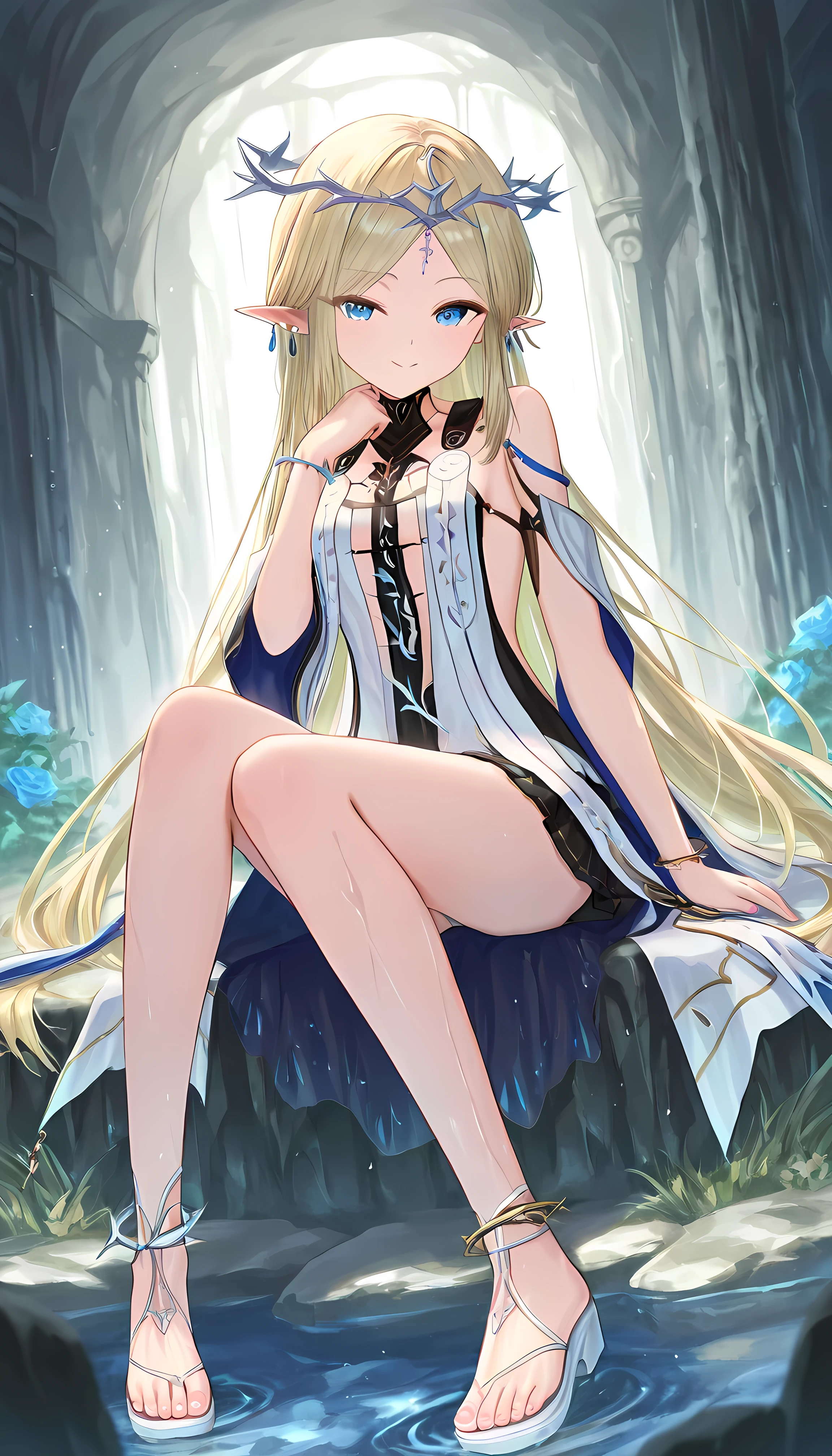 score_9, score_8_up, score_7_up, score_6_up cave 、(very well detailed), (4K), Cold Light 、 clear / clearた空 、water 、fair texture 、1 personの女の子、 Cartetia , crown, earrings, band, bracelets, anklet, is sitting 、wet、big smile、、 Gold、1 person、