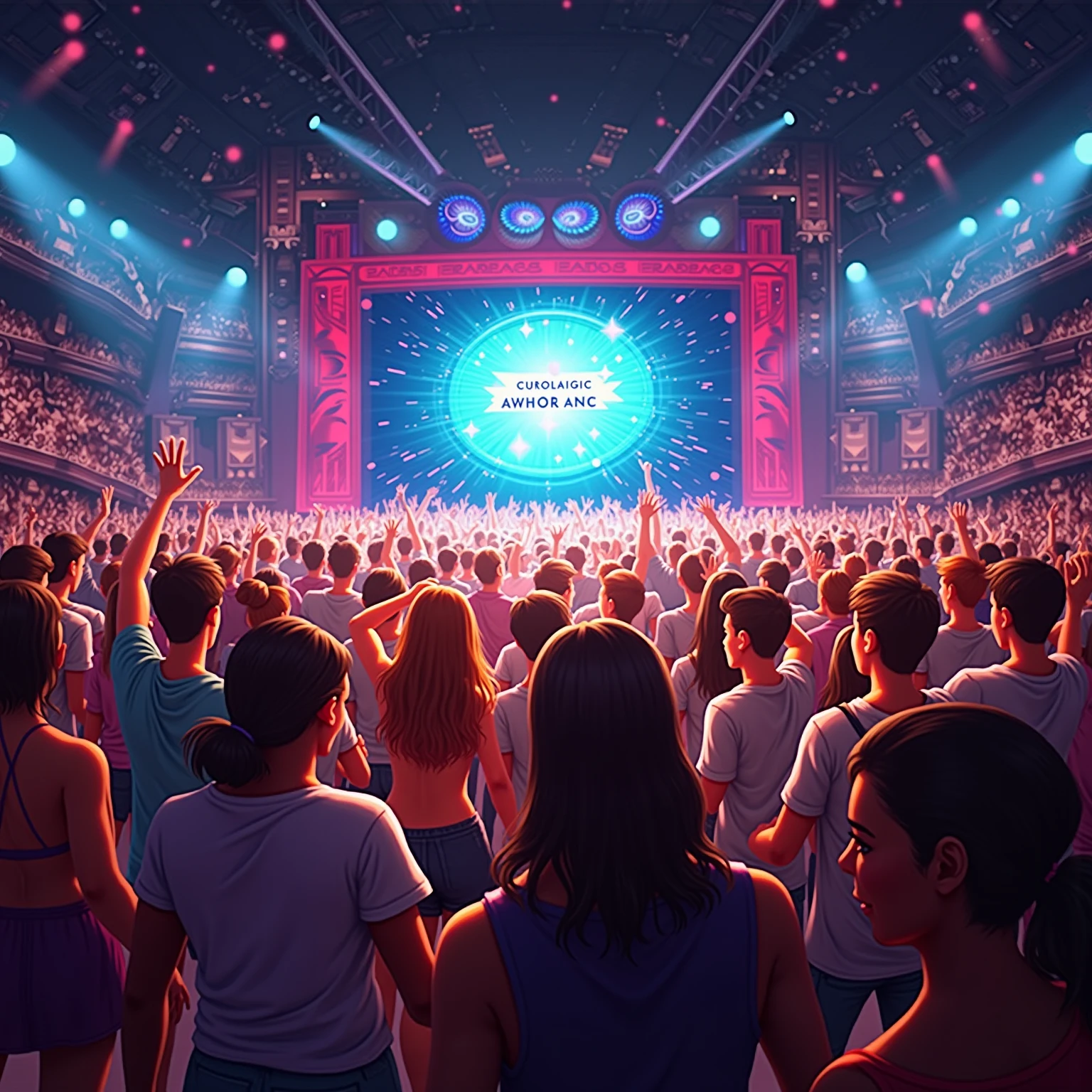 anime style, super fine illustration, highly detailed, dynamic angle, beautiful detailed, 8k, On a summer night in a disco, BREAK men and women are dancing happily. BREAK A mirror ball is shining, BREAK and colorful lights are illuminating the venue. BREAK The atmosphere is glamorous and sparkling.interior scenes,Street dance competition,Nightclub, Dance Floor, (Neon lights:1.3), techno music, High energy, (Vibrant stage lighting:1.2), Intense atmosphere, (Smoke machine:0.8), (Confetti:0.7), (Visual effects:1.1), (Hands in the air:1.3), (Edm:0.9), Energetic posture, (pixel art background:1.4), (Subwoofer:0.8), (DJ booth:1.2), Nightclub venue, (Lighting effects:1.1), (Party crowds:1.3), Electronic dance music. --AR 9:16 --q 1 --v 5.2 --AR 9:16 --Q 1 --Niji 5