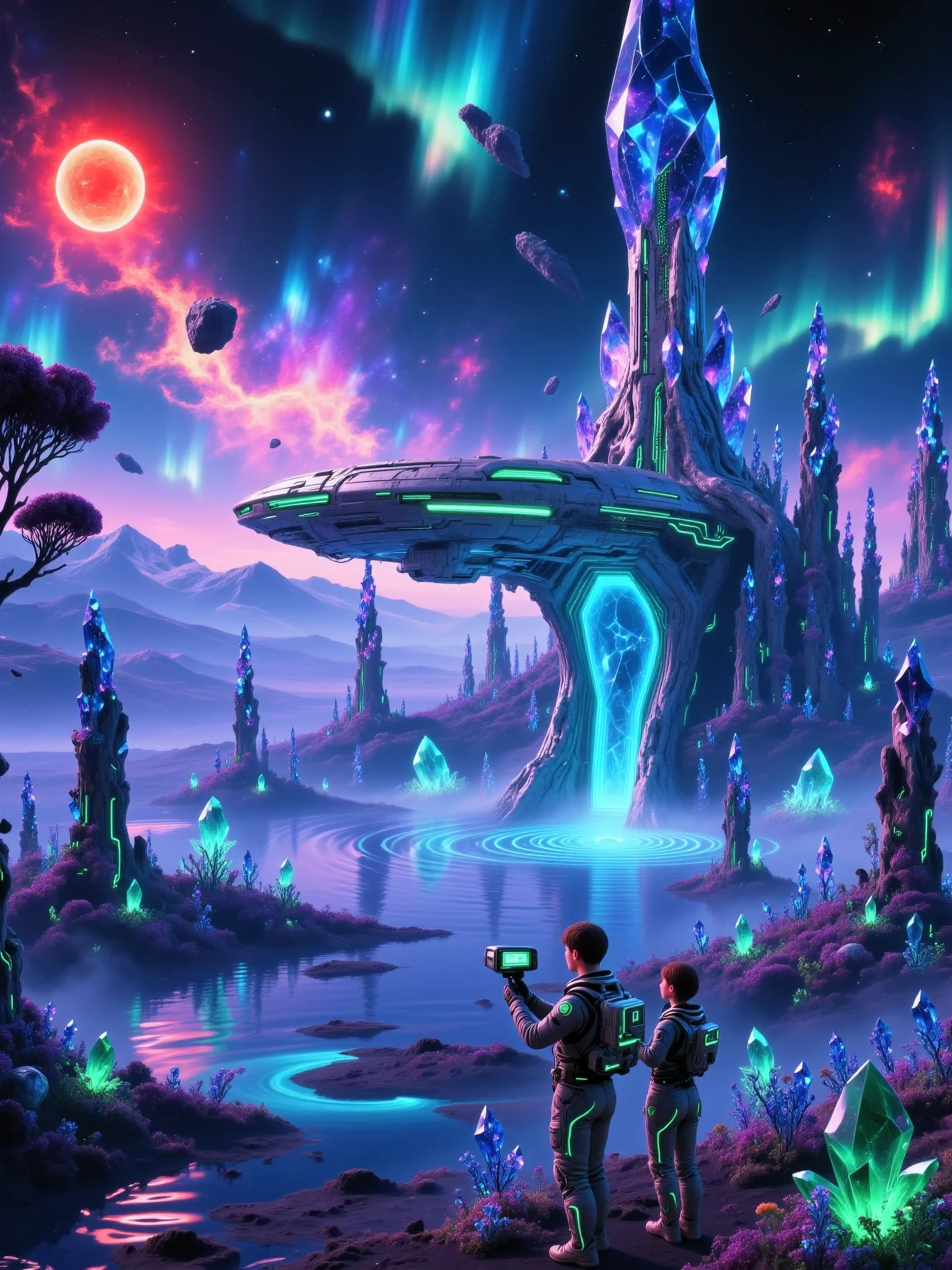 The infamous Cthulhu style Details,enhances the space station's metallic texture and the night light effect of plants,The resolution is 4K。An interstellar space station surrounded by a forest of giant luminescent plants floats and dims around the outside of a material nebula center,and a morphological contradictory landscape,Imagine the future of cyberpunk,The titanium alloy skeletal corrosion frame covers fluorescent purple vines,is an anti-gravity rock The surface of every meteorite in the ocean of pulp。floats above a broken meteorite belt,circuit pattern spreading from top to root,growing in the core region;with a broken meteorite belt,with liquid mercury and silver"blood",when pupils contract, rainbow-colored particles flow。space station with quantized light -- A holographic film layer composed of hundreds of millions of nanoscale prisms,magma using a non-Newtonian fluid rendering engine;is inlaid with biomass eyeballs,liquid flame rises upward like satin,magma using a non-Newtonian fluid rendering engine,emits a rainbow-colored particle stream。Energy storm:and space stations The bottom collides to form an obsidian crystal rain,that ejects a dark red arc cloud from a crack at the top of the space station,, } Klein bottles floating in the background,reorganize thousands of times per second:floating spiral light spot like a galaxy,All living organs don't match Earth's biological anatomy;on the right side is a silicon-based forest,and frozen ruins of an unknown civilization, space distortion:when pupils contract,The surface of the water simultaneously reflects the main color of the starry sky at different latitudes:Deep space black,palladium silver gray,Quantum Blue,High light collision:dark matter purple, lava orange ,fluorescent green,cyber gothic architecture deconstruction,surreal fluid dynamics(magma that grows in reverse),There is a time waterfall and countercurrent on the left(, distorted projection reflecting four-dimensional space debris)