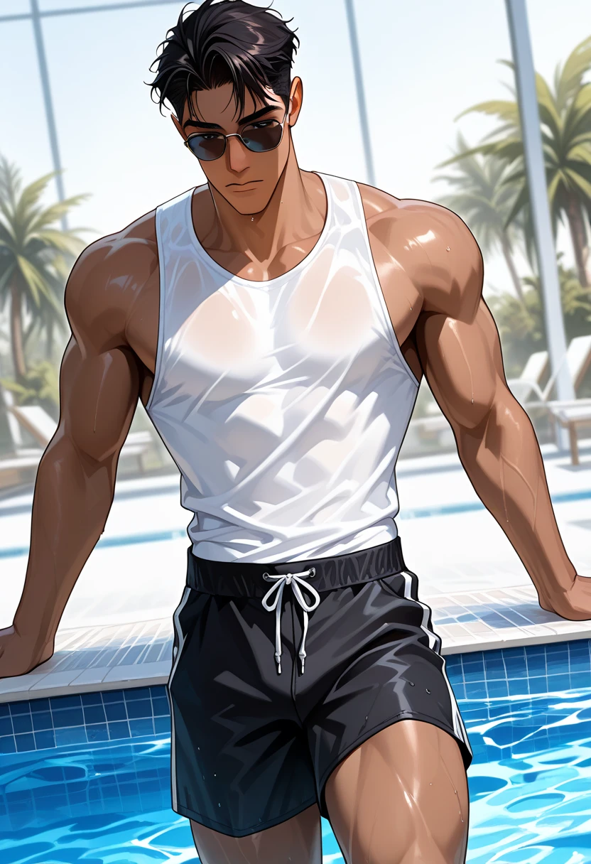 masterpiece, best quality, face, natural eyes, 1man, european, big feet, black socks, (no shoes), full body, (in suits), large bulge, long legs, looking at viewer, 30 years old, muscled and mature, short haircut, wearing uniform with zipper open reveling a strong chest and abdominal musclesblue eyes, flush, organism, face covered with white fluids, sweating, tight cloth, erecting, white jacket, strictly, holding black whip in hand, topless, no shirt, smirks, solo, white skin, muscular, muscle man, tall, hunk, big biceps, abs, big thighs, wide shoulder, open chest, facial hair, black short hair, wet body, wet hair, shirtless, sitting and chilling in a hot tub, white swim trunk, viewer looking, high resolution:1.2, best quality, upper body shot, flat style, blue sky and hot tub background, low and far camera angle, volumetric lighting, depth of field, shadow, steamy environment