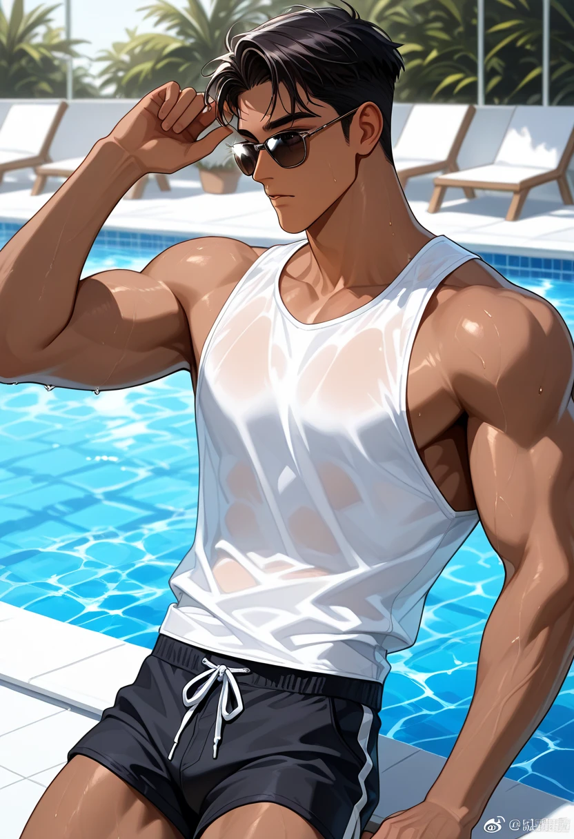 Handsome Japanese Model Black Hair Short Hair Skinhead Wear regular glasses Swimmers Tight plain short sleeve t-shirt Swimming Pool sit squat Soaking wet smile looking at the camera White tight speed swimwear Wear regular glasses Glasses with thin frames squat Soaking wet White tight speed swimwear Black Hair Short Hair Skinhead