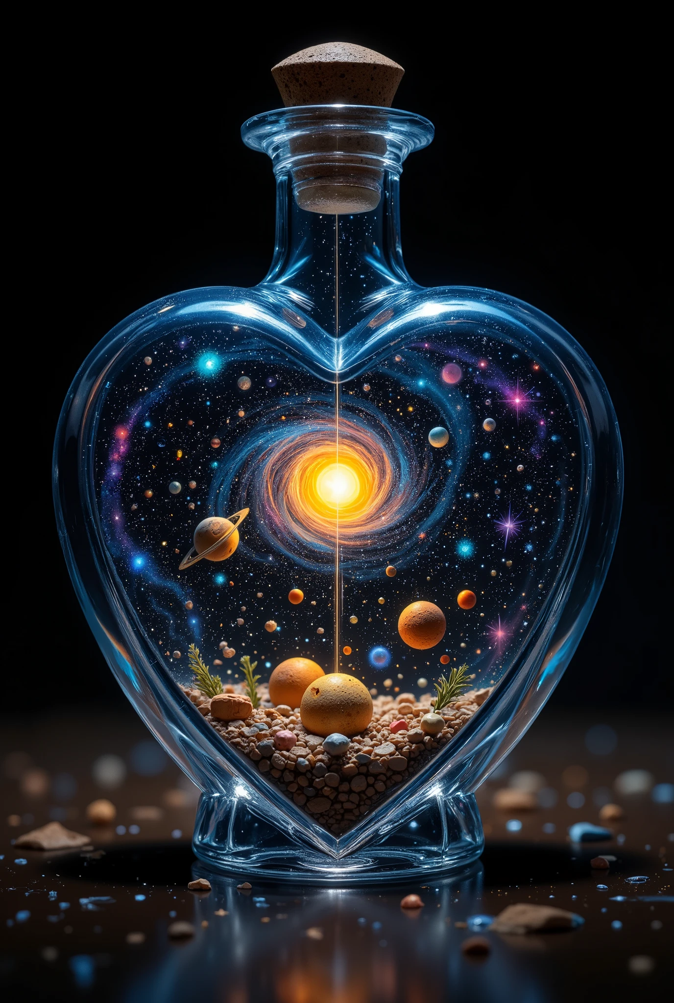 A detailed close-up shot of a heart-shaped glass bottle containing a meticulously rendered miniature galaxy and solar system. The glass is crystal clear, showcasing intricate details of swirling nebulae in vibrant blues, purples, and pinks, contrasted by the warm yellows and oranges of the miniature sun and planets. Tiny, meticulously painted planets orbit a central sun, their surfaces textured to suggest rocky terrain or swirling gas giants. The background within the bottle is a deep, inky black, emphasizing the cosmic scene. The heart-shaped bottle itself is illuminated from the front, creating subtle highlights and reflections that accentuate its curves. The overall lighting is soft and diffused, avoiding harsh shadows and enhancing the ethereal quality of the scene. The style is hyperrealistic, emphasizing detail and precision; reminiscent of scientific illustration mixed with fantasy art. The image evokes a sense of wonder and awe, creating a magical, intimate scene. The perspective is directly in front of the bottle, filling the frame with the contents and the bottle's form. The texture of the glass is smooth and slightly reflective, while the planets and nebulae possess a subtly textured surface. The mood is one of serene wonder and cosmic beauty.