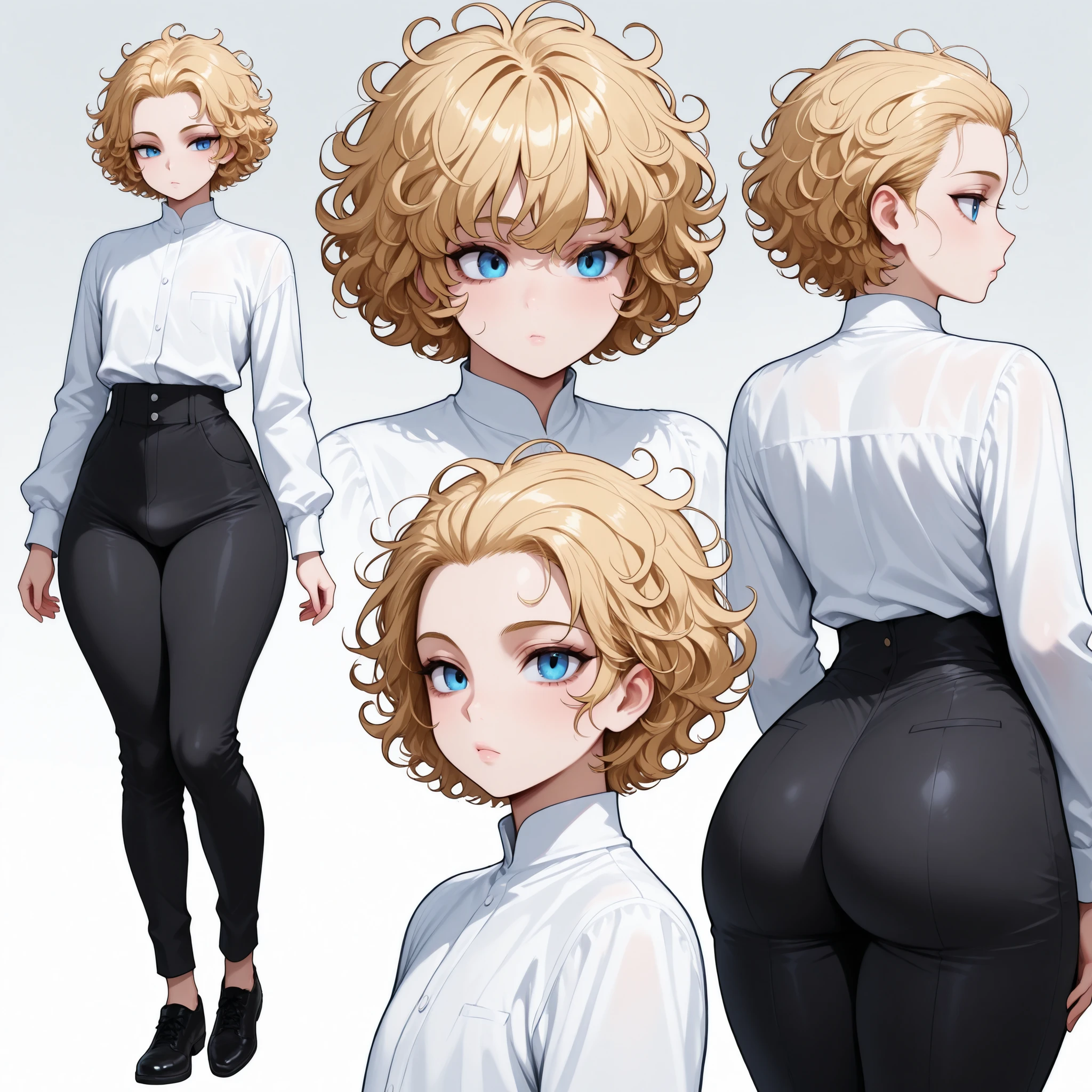 1boy, femboy, blonde Hair, curly hair, blue eyes, thick thighs, small waist, black pants, white shirt, messy hair, curly hair, short hair, hair pulled back, Glossy skin, long sleeves, multiple views, black shoes, slender shoulders