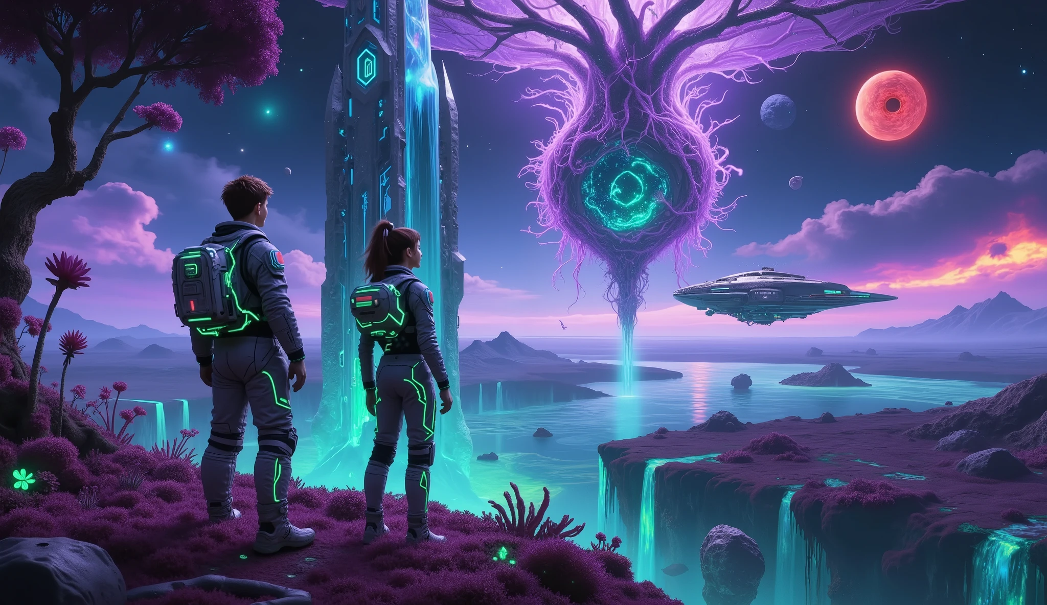 The infamous Cthulhu style Details, 1 boy , 1 Girl, Brave space travelers。these young explorers in high-tech space suits,The inside of the spacesuit has a complicated circuit design,Glowing neon lights。They're standing on an unknown alien planet,Every vine twinkles with a star。boys looking up at the sky.。{x} these young explorers in high-tech space suits {x} x} I can vaguely see the outline of some ancient instruments in the smoke,vines wrapped around the metal frame of the space station,It's a symbol of this planet's strange ecosystem。Their spaceship stops not far away,The arcs add a sense of technology and fantasy。An interstellar space station surrounded by a forest of giant luminescent plants floats and dims around the outside of a material nebula center,and a morphological contradictory landscape,Imagine the future of cyberpunk,The titanium alloy skeletal corrosion frame covers fluorescent purple vines,is an anti-gravity rock The surface of every meteorite in the ocean of pulp。floats above a broken meteorite belt,circuit pattern spreading from top to root,growing in the core region;with a broken meteorite belt,with liquid mercury and silver"blood",when pupils contract, rainbow-colored particles flow。space station with quantized light -- A holographic film layer composed of hundreds of millions of nanoscale prisms,magma using a non-Newtonian fluid rendering engine;is inlaid with biomass eyeballs,liquid flame rises upward like satin,magma using a non-Newtonian fluid rendering engine,emits a rainbow-colored particle stream。Energy storm:and space stations The bottom collides to form an obsidian crystal rain,that ejects a dark red arc cloud from a crack at the top of the space station,, } Klein bottles floating in the background,reorganize thousands of times per second:floating spiral light spot like a galaxy,All living organs don't match Earth's biological anatomy;on the right side is a silicon-based forest,and frozen ruins of an unknown civilization, space distortion:when pupils contract,The surface of the water simultaneously reflects the main color of the starry sky at different latitudes:Deep space black,palladium silver gray,Quantum Blue,High light collision:dark matter purple, lava orange ,fluorescent green,cyber gothic architecture deconstruction,surreal fluid dynamics,(magma that grows in reverse),There is a time waterfall and countercurrent on the left(, distorted projection reflecting four-dimensional space debris)