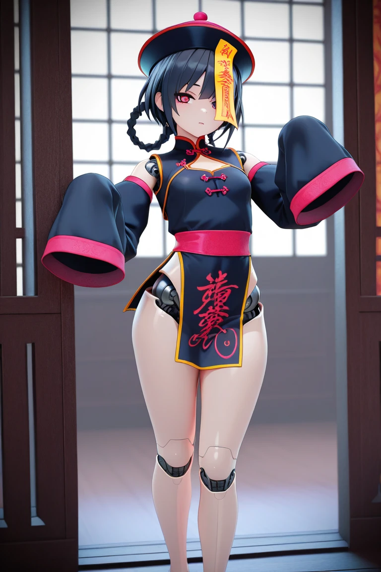3dmm style, (masterpiece, best quality), intricate details, 1girl, solo, bea \(pokemon\), bow hairband, print shirt, tied shirt, black bodysuit, bodysuit under clothes, single glove, print shorts, knee pads, barefoot, cowboy shot, looking at viewer
