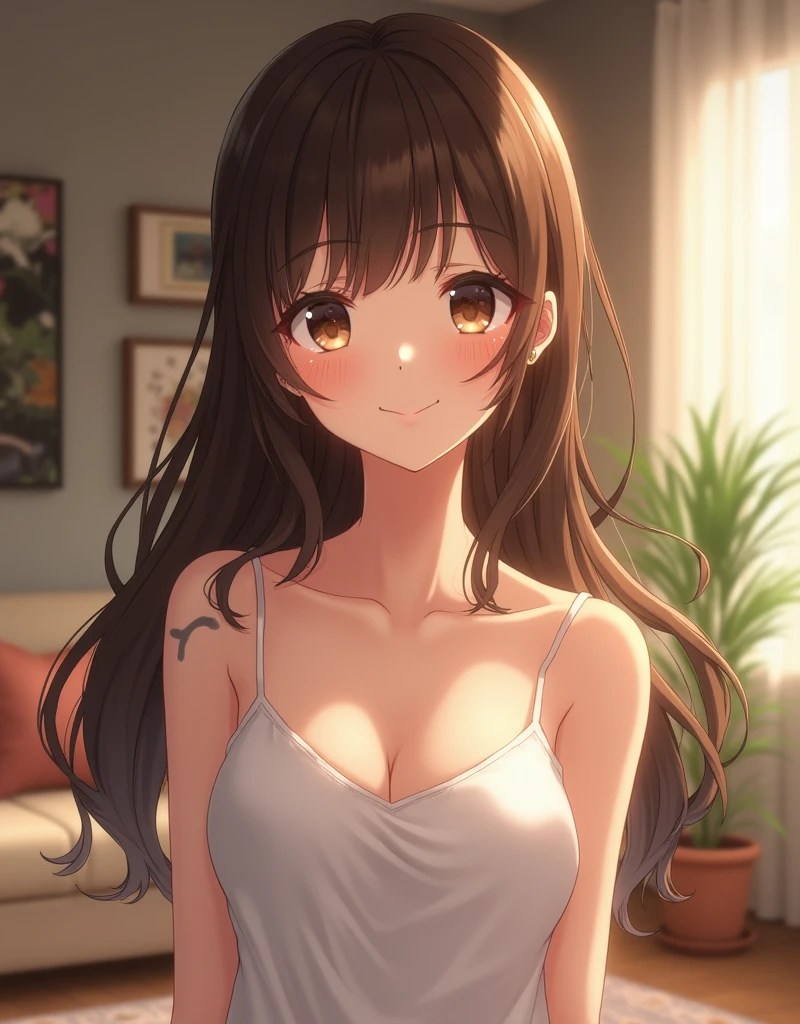 Upper Body, (pale skin: 1.2), shiny skin, shiny hair、(A 2 woman with medium-length hair and bangs) and (wavy hair) and (brown hair) and (orange eyes), (white) and (off shoulder blouse) 、Cleavage、smile, The background is the living room、Alone、Are standing、anime、animeーション、