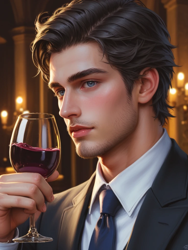 Make a well-dressed man, A glass of wine in his hand