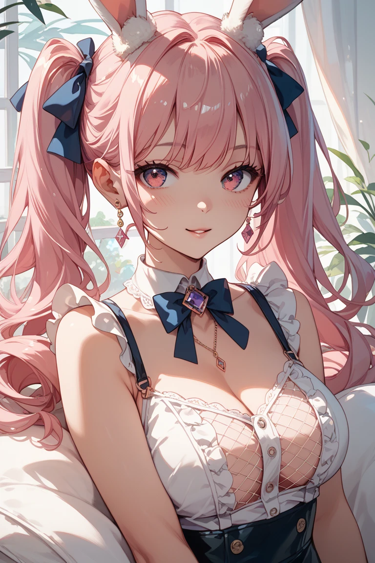 (8K, masutepiece, Highest Quality, Best Quality, Official art, Breathtaking beauty and aesthetics, highly detailed, best masterpiece in history that exceeds limits, Breathtaking and beautiful lighting:1.2), (1 Girl, Solo), (16 years old), (Beautiful detailed face), (shiny white skin), (Beautiful detailed pink twin tails hair, Bangs:1.3), (beautiful detailed drooping pink eyes:1.5), break, (Beautiful detailed cute black See-through intricate lace bra and side tie panties, black bow ribbon), break, (tights, high_gap, Beautiful detailed black garter stockings), (Beautiful Luxurious Diamonds Tiara), (Beautiful big bust:1.5), (happy Beautiful Gentle cute innocent smile:1.2), (Attractive, amazing, Beautiful, Elegant, Luxurious, magnifica, Eye-catching, Graceful, Everyone loves it, Healed, cute like an idol, Stylish like a fashion model, Goddess-like grace, Look at the camera, cute pose, Happy), breathtaking scenery, (ultra detailed realistic Breathtakingly beautiful Luxurious garden, blue sky:1.2),