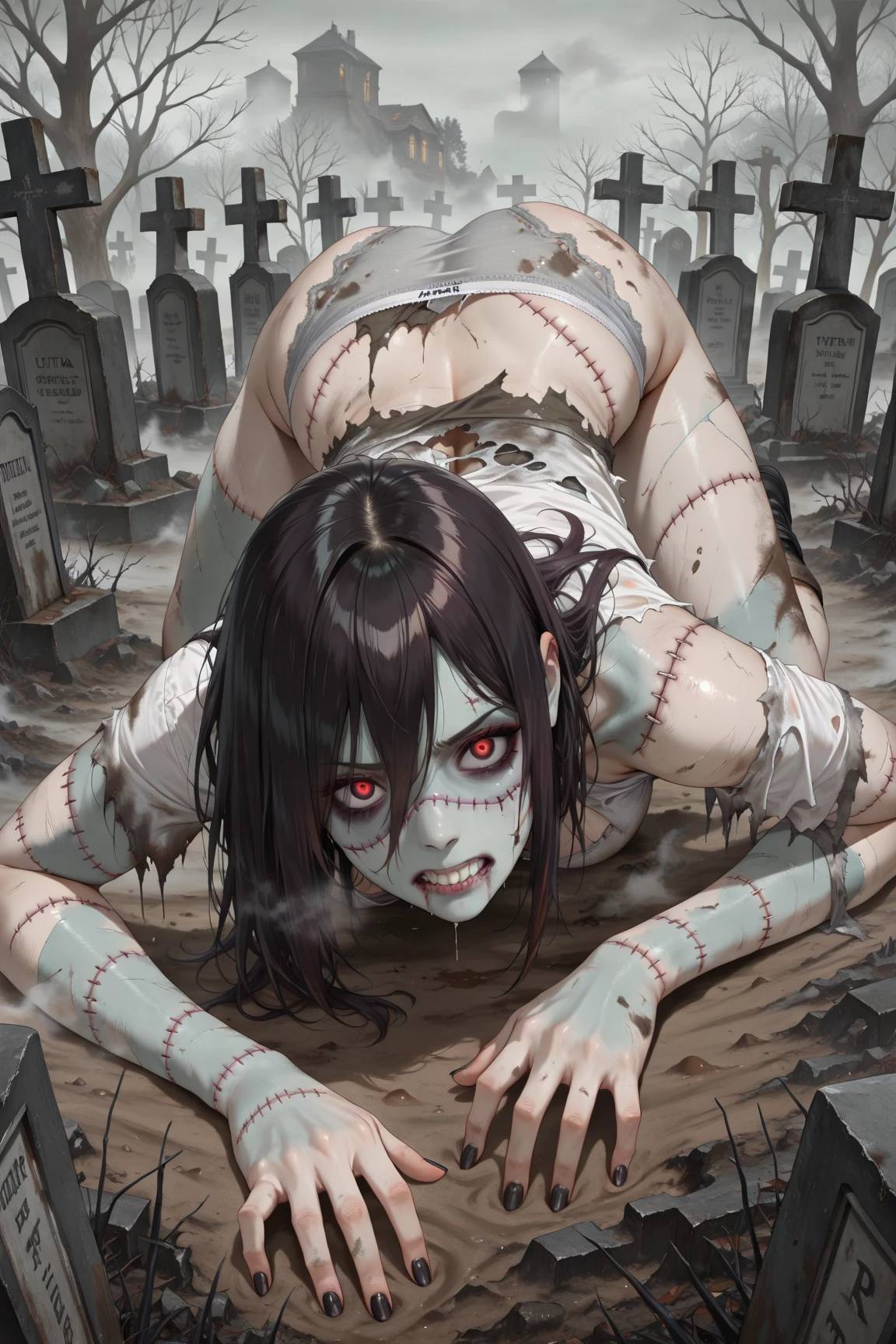 zombie、Dynamic Angle、Dynamic Pose、Inside a beautiful Western-style building、Pussy、Both eyes open、The bones are exposed、Dark, rotten skin、Nipples、forehead、Bloody、Injured、Hollow Eyes、I'm not feeling well、Wandering、Half naked、My clothes are torn、My hair is messy、Pale complexion、I'm about to die、Eating humans、Attacking the old man、An old man is lying down behind me