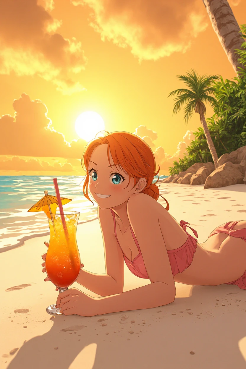 atmosfera sombria motor gráfico engine 5 ful hd 4k 100 lines art Elza frozen power Fenix + Bulma sexy seios pequenos e empinados slim with long aqua short orange neon hair lounges on a beach towel under a colorful umbrella. She wears a black + red maio with frills and a sheer, olhos verdes de Sharingan decorated cover-up, appearing relaxed while using a laptop. The background features a tropical beach scene with palm trees, soft waves, and a clear blue sky dotted with clouds. Sunlight glistens on her skin, and a glass with a drink sits nearby.