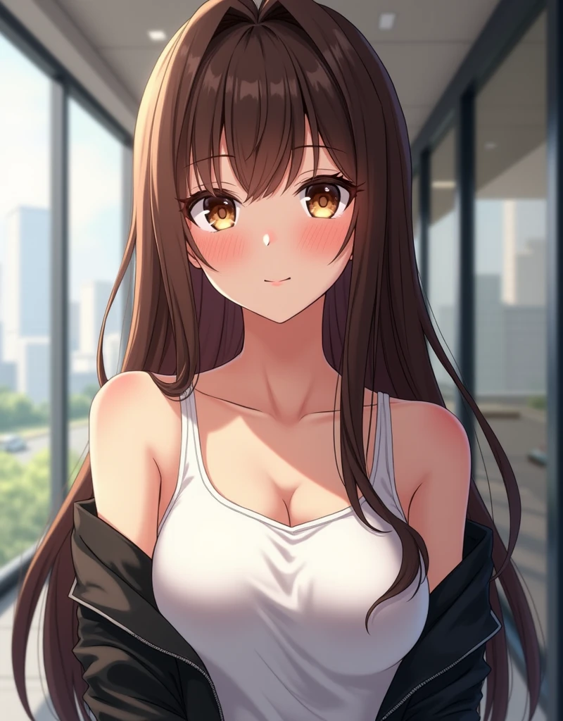 holding hands, (cinematic angle:1.5), Tilting head, real person, RAW photo, photorealistic, portrait photography, shiny skin, japanese idol, 25 year old woman with bangs、(medium hair) and (brown hair) and (brown eyes), white V-neck Blouse, cleavage, smiling expression、(shy:1.2), (blush:1.2), The background is a taxi seat、Alone、Upper body is shown