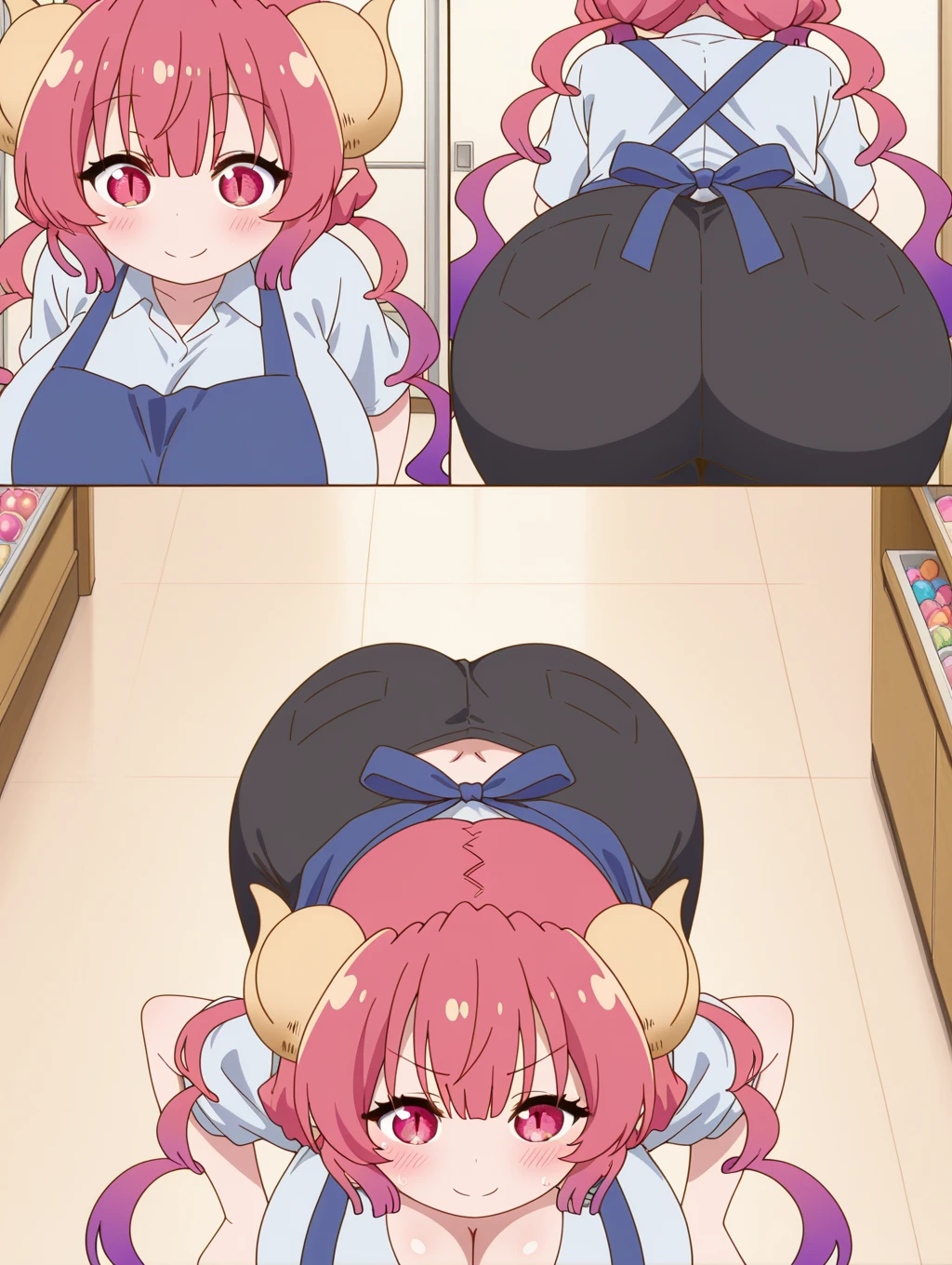 zPDXLxxx,zPDXL,score_9, score_8_up, score_7_up, source_anime, (aru_\(blue_archive\)), pink hair, halo, horns white shirt, fur trimmed jacket, pencil skirt, tr2nsf0rmati0n,transformation, before and after, fully clothed light-skinned female, bimbo, gyaru, tan, tanned skin, revealing clothes, barely clothed, breast expansion, ass expansion, huge breasts, huge ass, tanlines, fishnets, presenting, seductive pose, seductive smile, pussy juice, skinny body, sweaty skin, shiny skin,pregnant, big belly, dark nipple, bed room, looking at viewer