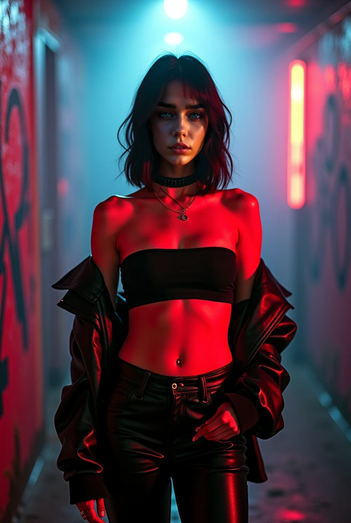 woman wearing a Red tight crop top, black tight shorts and a black light hoodie, futuristic, cyberpunk, stylish, full body, 4k ultra 