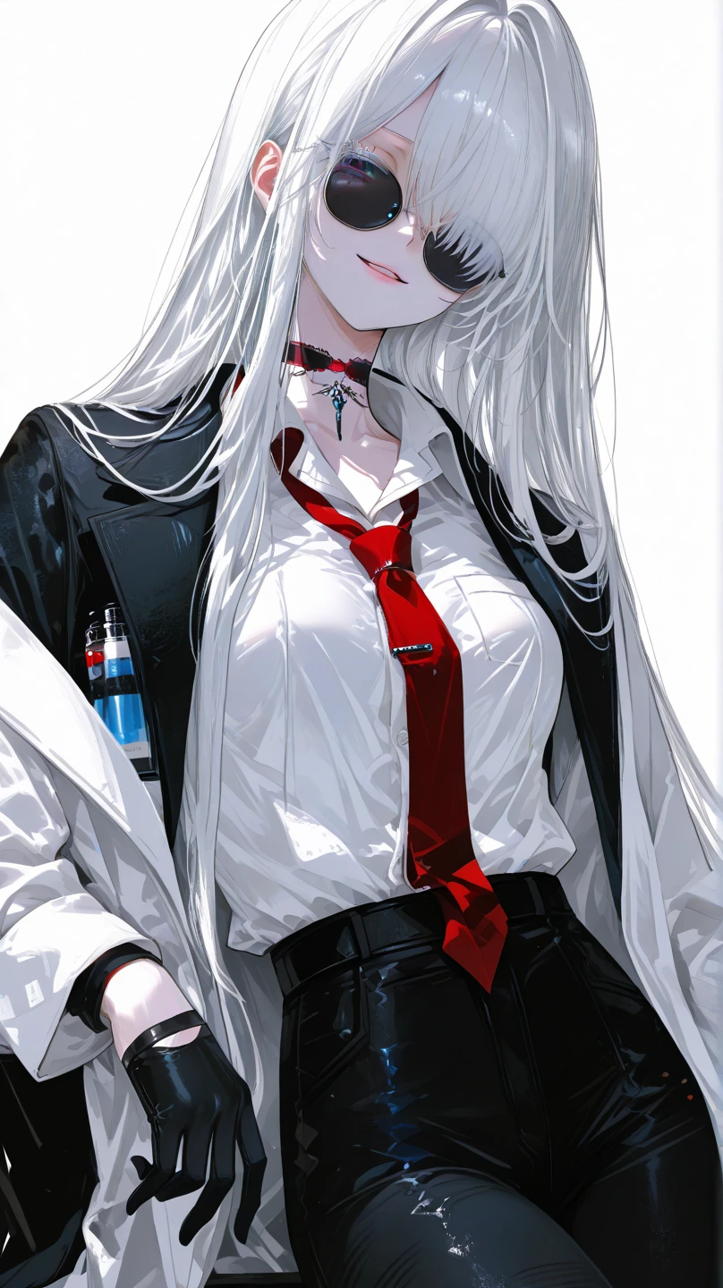 ((masterpiece:1.4, best quality)), ((masterpiece, best quality)),(masterpiece, best quality, ultra detailed)++,(detailed screen UI design)++,{{cute girl doing live streaming}},(detailed layout)+, including elements such as chat box, side bar, icon,She's in the sidebar of the screen,silver hair,ponytail,evil smile,chin rest,shushing,finger sucking,(black and red:0.6, but Limited palette:1.35), blood on face, blood on clothes,yandere,,chibi,Blue eyes,Yellow eyes,heterochromia,snow leopard ears,labcoat,off-shoulder,taut clothe,white hair,loose necktie,Strap Slip,loose long labcoat,holding dagger,
