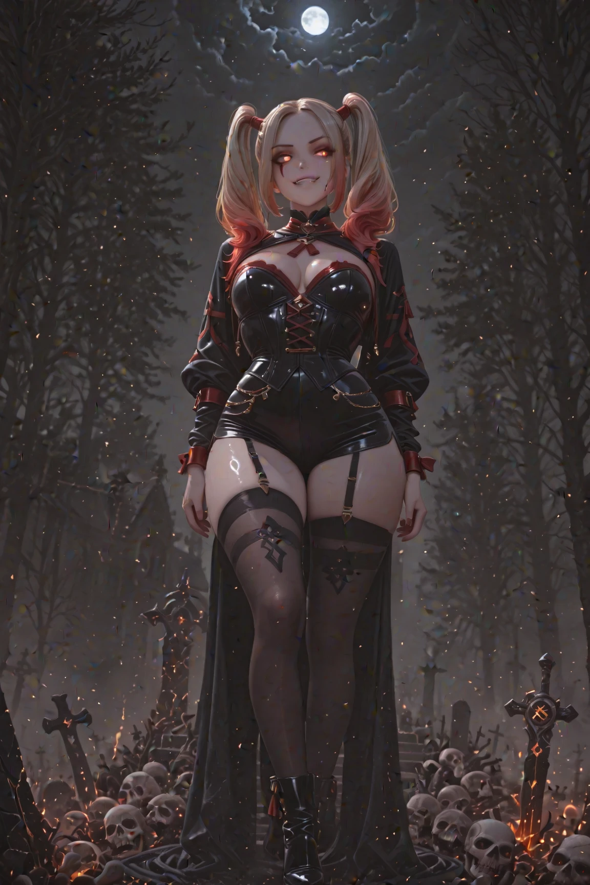 Realistic and detailed image of a zombie elf. Dressed in torn school uniform and ripped pleated mini skirt. Unusually shiny long silky scarlet red hair. Green eyes. She has earrings and long eyelashes. Has full lips. Large breasts, slim waist, very wide hips and thick thighs. Dark smile. Back arched. Dark mood. Foggy night, Halloween. crawling. Cemetery.