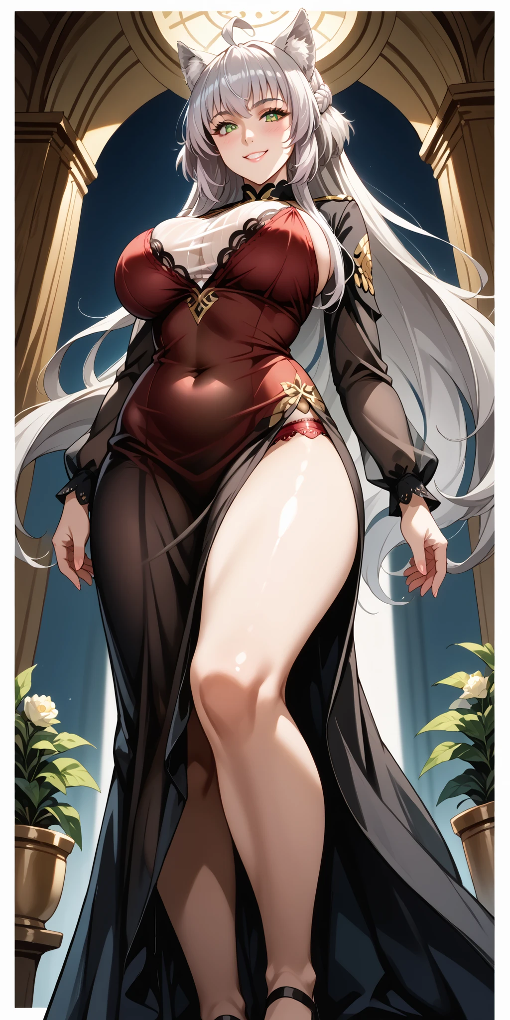 masterpiece, best quality, 1girl, solo, (huge breasts 3.0), (breast implants, fake , unaligned breasts, perfectly round breasts), SFW, cowboy shot, looking at straight, Long Hair, Detailed eyes,Full Body,spring-aegir,demon horns,white hair,china dress,red dress,big ass