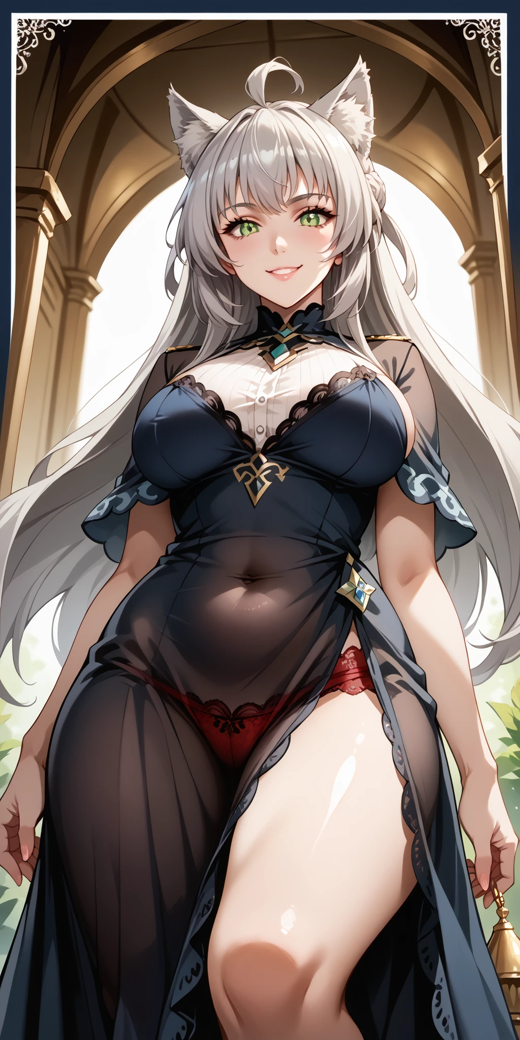 score_9, score_8_up, score_7_up, source_anime, 4K,perfect fingers,(perfect hands, perfect anatomy),prefect lighting, very aesthetic, intricate details,highly detailed background, masterpiece, high quality, best quality,
1girl,((solo)) ,atalanta, green eyes, slit pupils, grey hair, long hair, ahoge, animal ears, cat ears, , Large breasts,,
wearing ((SEE THROUGH DRESS , navy blue square border burgundy dress, long dress , Elegant Dress, red lace sexy underwear, see-through panties, )) ,,
A sagging breast, from below angle, Mature women, housewife, watching viewers, smile, belly button , front view, open your legs wide, squats,