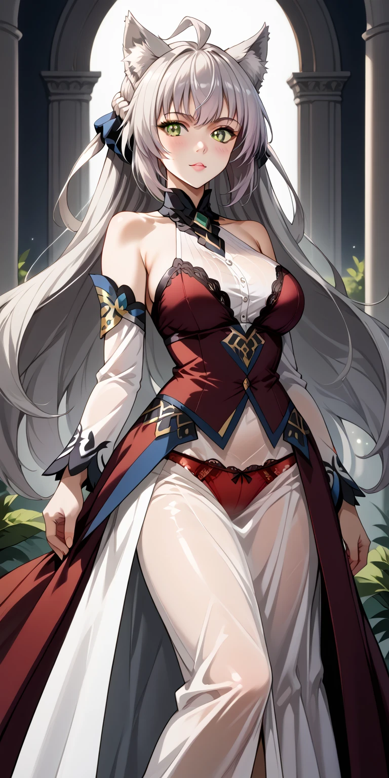 1girl, red eyes, long hair, white hair, gigantic breasts, bangs, parted bangs, plump, NOTES: for her medium hair use: single hair bun, medium hair, long skirt, long dress, noble, medieval village, priesttess, huge breast, curvy