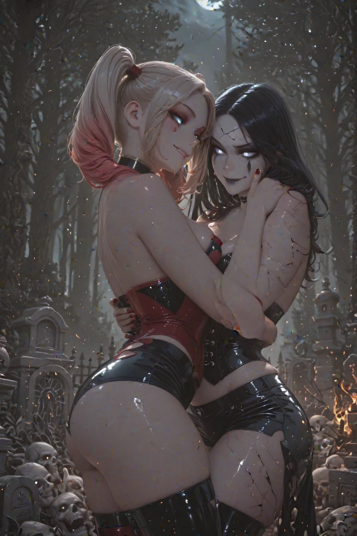 vampire teeth , ((((nighttime))) , 2girls, long hair , RAW photo, high quality, film grain,simple background, presenting, beautiful, (silver and red lined satin cloak tied at the neck:1.20) , ((biting neck:1.20)) , breasts, blood , cum in pussy, big ass, ,biting neck ,clothes lift,bottomless, moonlit graveyard , (2girls,yuri), biting neck, naked pussy