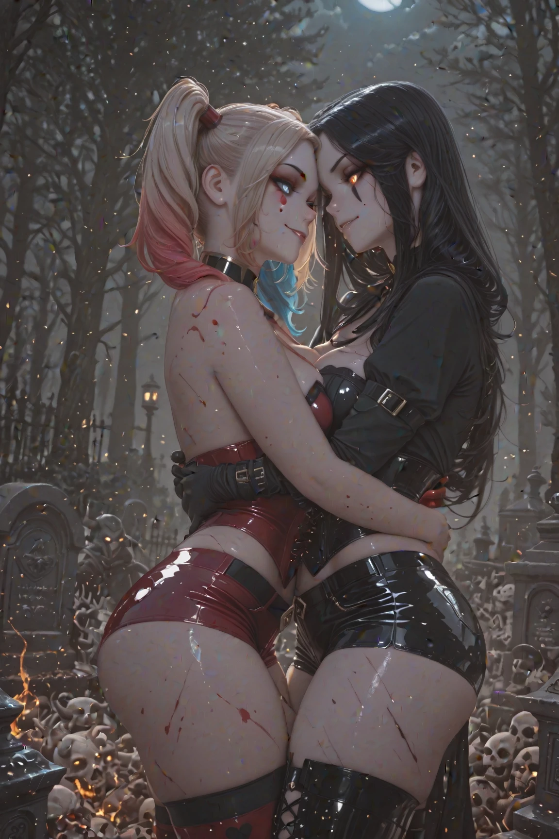 fantasy style,tall and slim girl,big breasts,big butt,wavy blonde hair,Halloween mask,bloody,tattoos,they are smiling,detailed face,(best quality,4k,8k,highres,masterpiece:1.2),ultra-detailed,(realistic,photorealistic,photo-realistic:1.37),portraits,vivid colors,sharp focus,dark and mysterious lighting