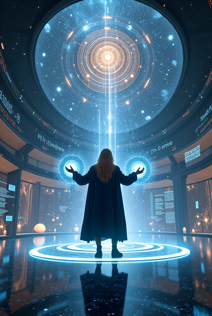 A high-tech laboratory, monumental, floats in the void of the cosmos — a gigantic curved glass dome suspended between stars, colored nebulae and distant asteroids. Dentro dele, the soft light of the universe penetrates the walls translucent, blending with the brightness of hundreds of technological surfaces.

No centro, Isaac Newton, recreated as a futuristic genius: long flowing hair, eyes illuminated by holographic circuits, wearing a dark cloak with liquid silver details that move like living galaxies. He is standing on a circular energy platform,  with raised hands , manipulating holograms of the universe in real time — solar systems float, expand and contract around him, orbiting your body as if it were the center of the cosmos.

The walls of the laboratory are covered by translucent glass screens, where three-dimensional mathematical formulas and cosmic diagrams are drawn alone in bluish light, as if they had a life of their own. Mechanical structures suspended in the air build miniatures of planets and stars using ultra-thin robotic arms, with divine precision.

In the background of the scenario , a creation is in progress: a new miniature universe, encapsulated in a sphere of golden energy,  pulsating like a heart . Ao redor, drones float in silence, watching creation as heavenly sentinels.

Above Newton, a huge holographic spiral rotates slowly — it's the tree of time, with intertwined timelines, showing alternative futures and parallel realities.

The scene is brimming with grandeur and genius, as if the universe itself were being redesigned by that legendary man, now transcending eras and frontiers of science.