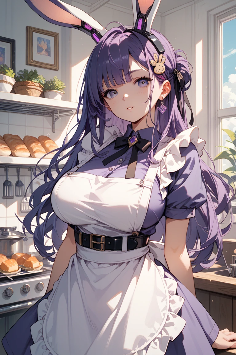 1girl, plump curves, colossal, giant, tall, curled violet hair, long hair, violet eyes, blush, sad smile, bakery shop, apron, skirt, blouse, happy
