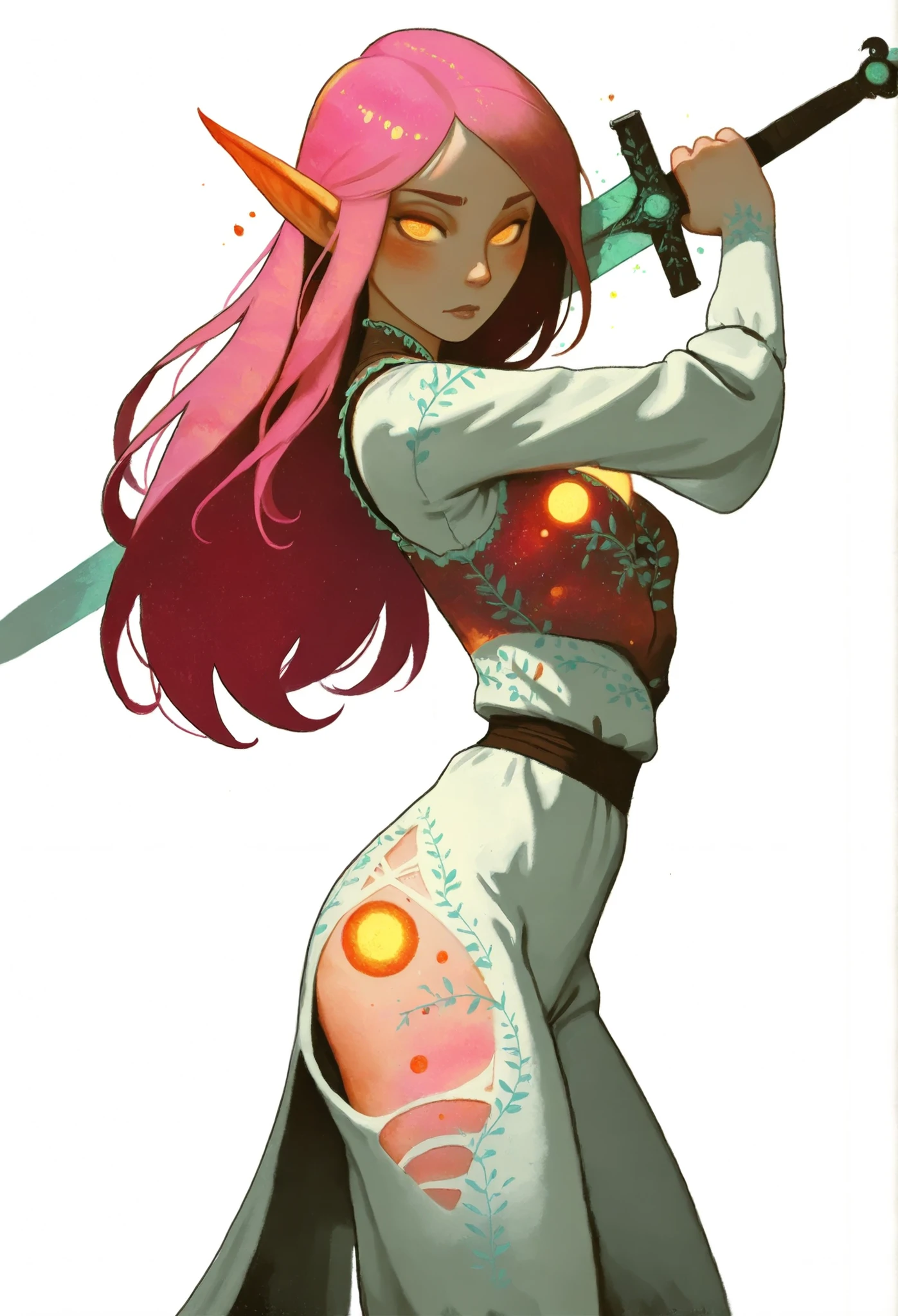 drki, hyper detailed painting of 1girl, looking at viewer, holding a sword, vibrant skin, ethereal glow, surreal lighting, soft expression, mystical fantasy aesthetic, painterly illustration, gouache painting, soft lighting illustration, 2d art, delicate background, masterpiece, best quality, crud3