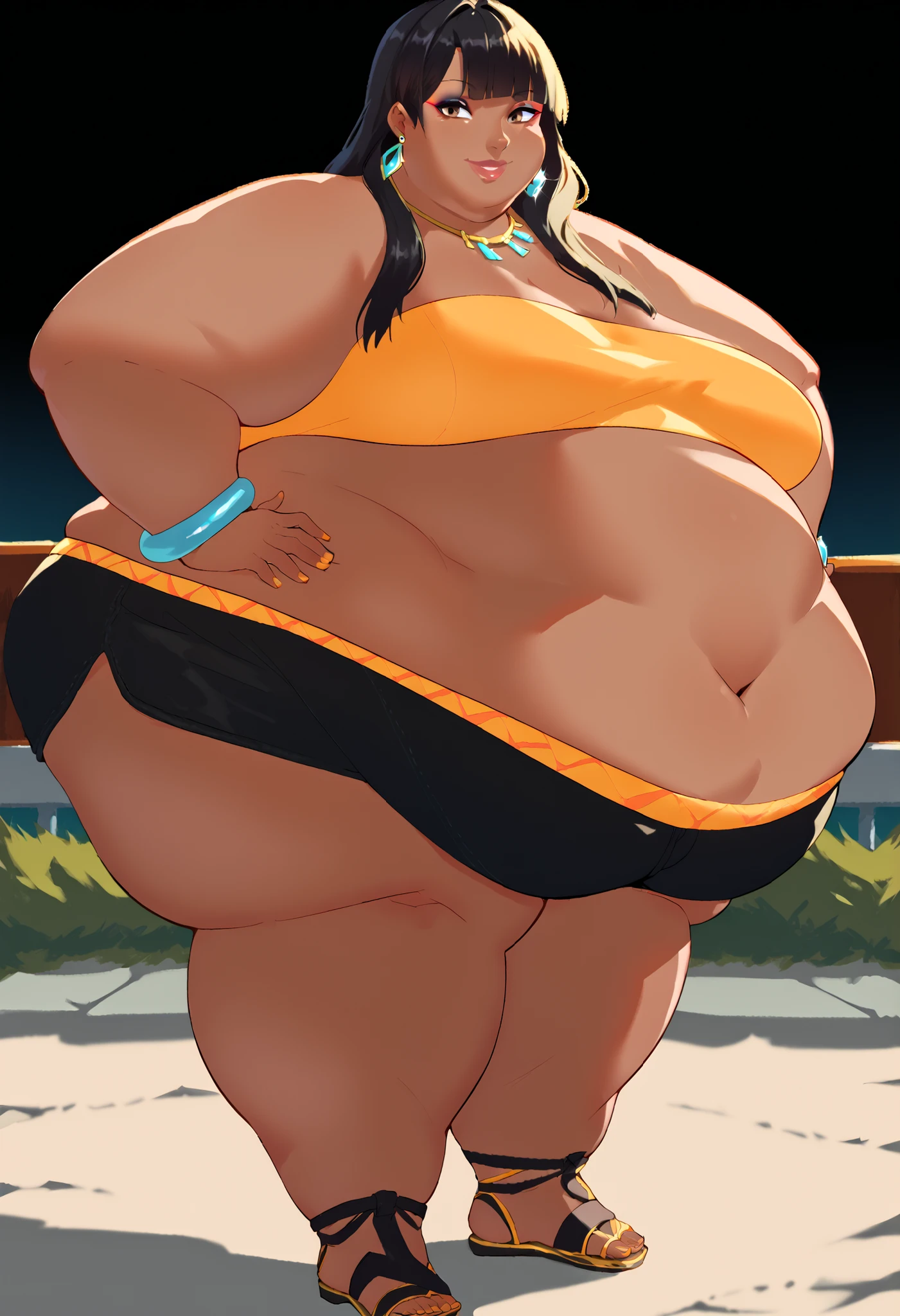 young girl, Pullover, very small bikini, whole body to see, smiled, excited, moans, Bob cut hair, (( very wide hips)), (((colossal Thighs, gigantic thighs, very huge thighs, very big thighs))), fullbody, platform heels, , profile Brown skin, small breast, flat chest, flat tits,