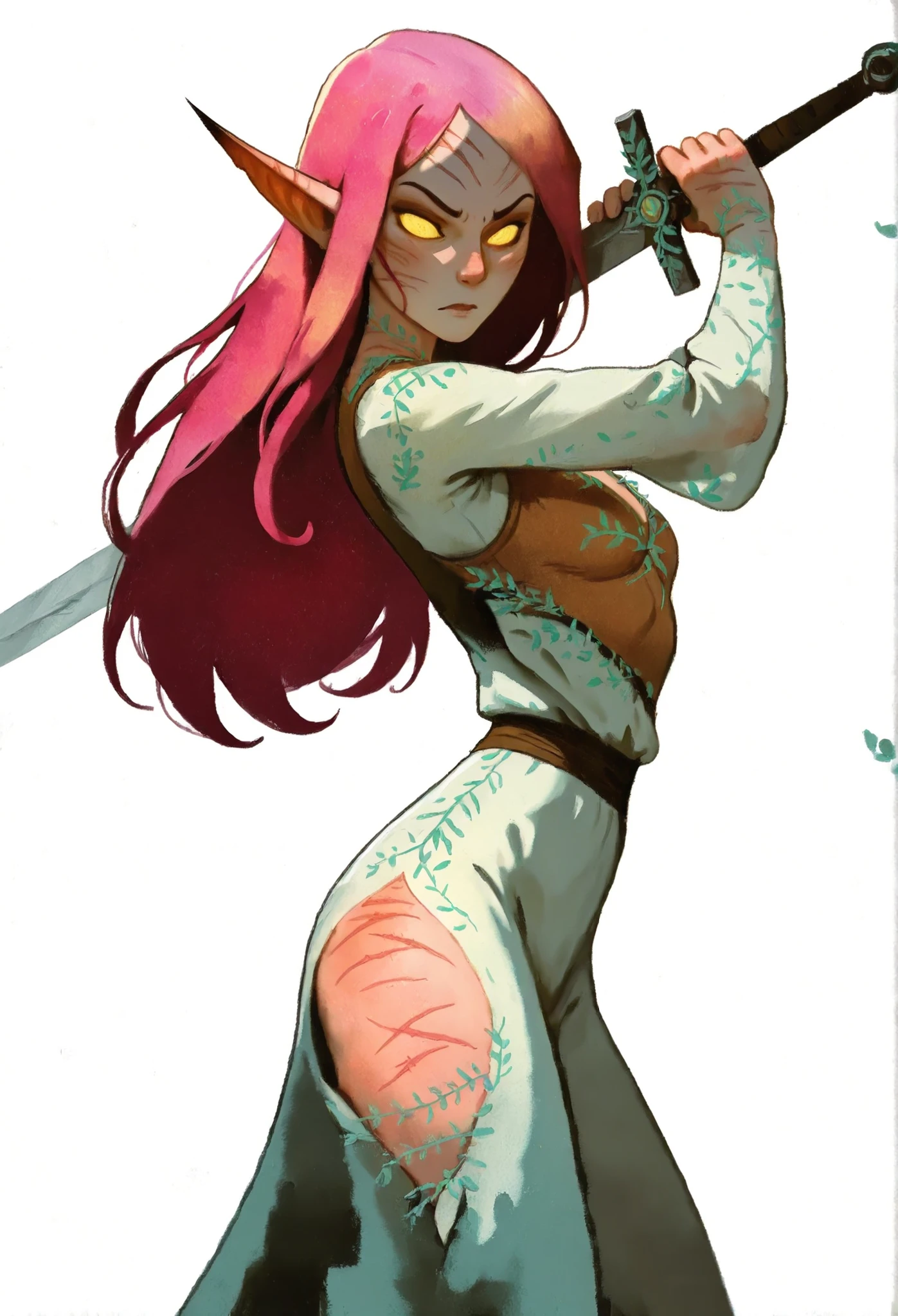 drki, hyper detailed painting of 1girl, looking at viewer, holding a sword, vibrant skin, scars, torned clothes, ethereal glow, surreal lighting, fierce expression, mystical fantasy aesthetic, painterly illustration, gouache painting, soft lighting illustration, 2d art, delicate background, masterpiece, best quality, crud3