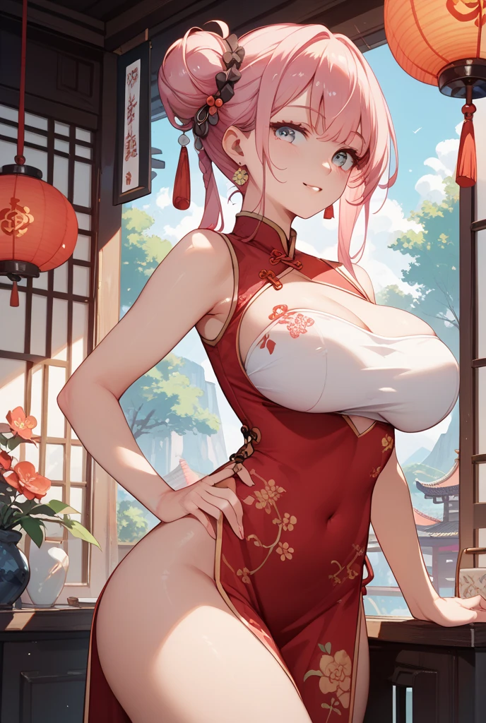masterpiece,Highest quality,(Super detailed),masterpiece,Written boundary depth,Perfect Sentence, Extremely detailed CG,Very detailed,(Very detailed目,Very cute face,Very detailed顔:1.3),Beautiful Anime Girls,(Solo Girl:1.9),(Super huge breasts:1.9),(Pink Hair,Low twin tails:1.5),(Bright Blue Eyes:1.3),(A joyful smile:1.3),Open your mouth,Show Viewer,break,(Red Chinese Dress,Gold embroidery:1.5),(Side bust),Cleavage cutout,slit,Off the shoulder,Removable sleeve,Micro Mini Skirt,chinese style background,break,Dynamic pose,Raise one leg,(Kung Fu Demonstration,Fighting:1.4)