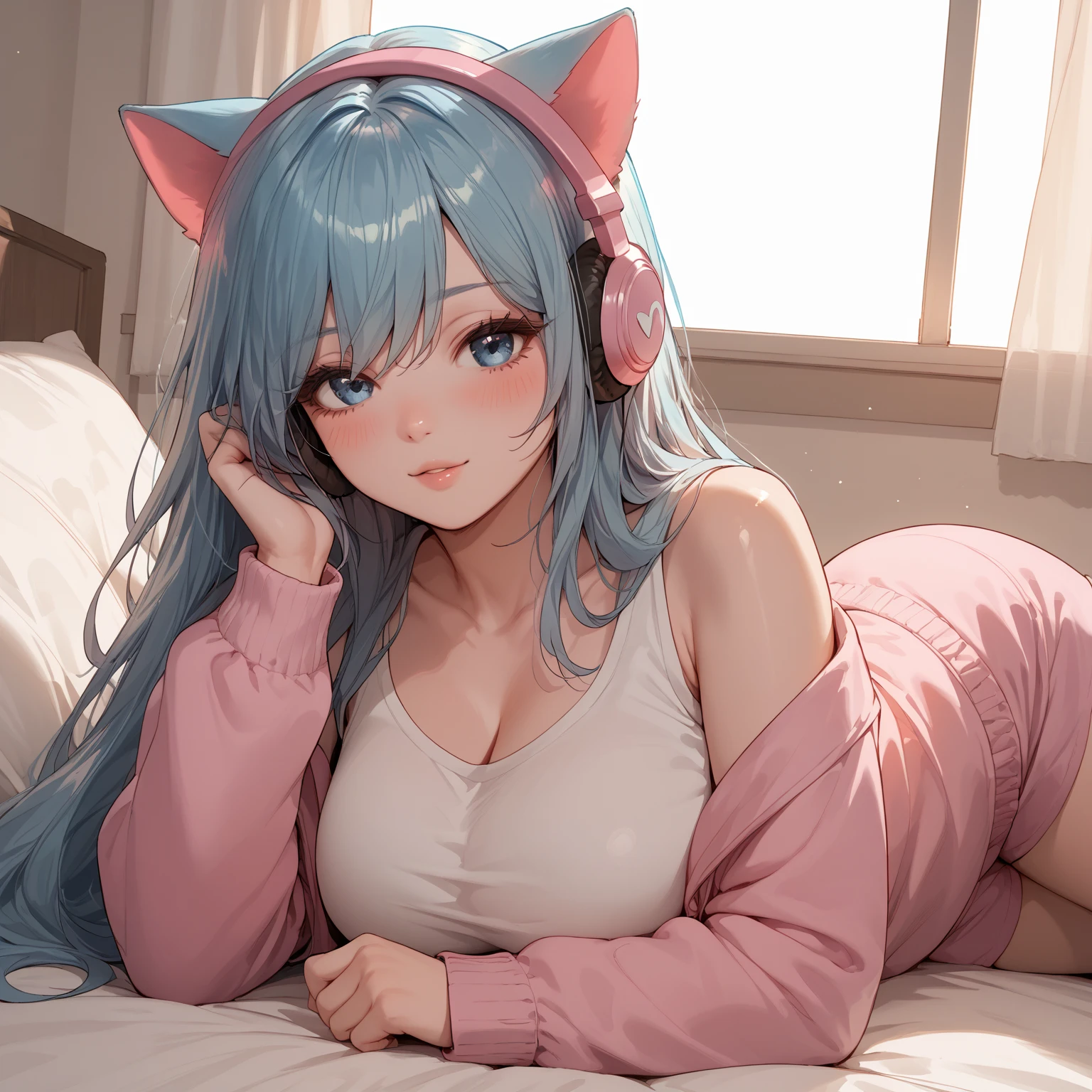 Sexy Posing, Female, 30 years old, cute, eyeliner, long hair, tube top, jean shorts, bedroom eyes, catgirl, cat ears, bedroom background, 8k, hi res, (best quality, masterpiece), green eyes, cat tail, Duo, twins , angry, 1 light blue hair, 1 light pink hair, lying down on bed pushing each other, fighting