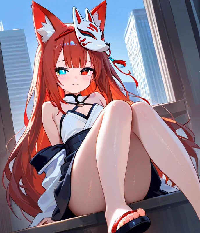 Masterpiece, Best Quality, 1girl, medium breast, brown hair, long hair, multicolored hair, orange red hair tips, swept bangs, brown eyes, playboy black bunny, fake rabbit ears, fake rabbit tail, detached wing collar, bowtie, strapless leotard, pantyhose, high heels, wrist cuffs, covered navel, bare shoulders, uncertainty, blushes, looks away, straight-on, sitting on bed