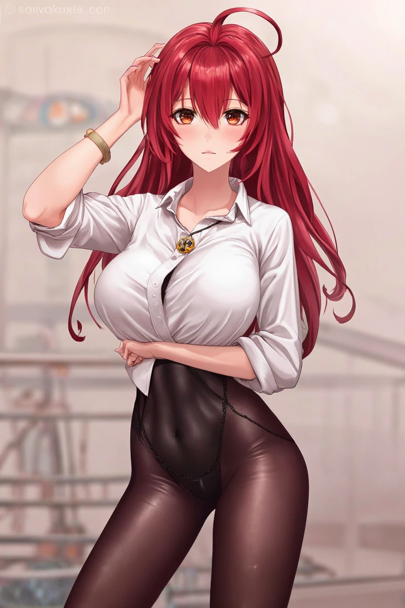(Masterpiece: 1.5), (Best Quality: 1.5), Perfect Eyes, Perfect Face, makima, taut black pants, white button up shirt, black tie, red hair, yellow eyes, thicc, cat ears, cat tail, chainsaw man series, smug expression, ass visible through thighs, thigh gap