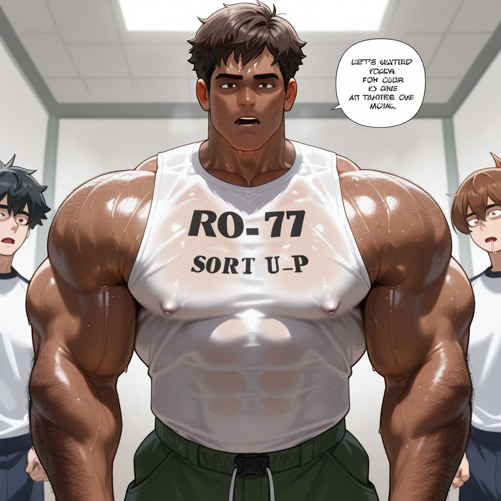 Ash Ketchum and from Pokémon flexing his biceps in a coach's office at the coach's orders under hypnosis with glowing red eyes as he grows into big dumb sweaty hairy muscular football jock bro. Flat top buzzcut haircut. Hyper muscles. Massive muscles. Big biceps. Big triceps. Big traps. Broad shoulders. Big pecs. Bulging crotch. Hyper crotch bulge. Dumber and dumber. Blank stare with open mouth while saying, "I am a dumb jock.... I obey.... Dumber and dumber.... Yes, Coach.... I'm your player, Coach. Whatever you say.... Huhuhuhuh...." Slumped shoulders. Hypnosis. Brainwashing. Bigger and dumber jock bros. Assimilation. Transformation into big dumb muscular jock bro. Slumped shoulders. Massive crotch bulge. Bulging glutes. Thick stubble. Hairy armpits. Repeating triggers to be dumber and dumber each time he says them to think and focus only on growing muscle and being the perfect football jock. Dimwit. Dullard. Bro. Stupid. Musclehead. Mass hypnosis. Entranced.